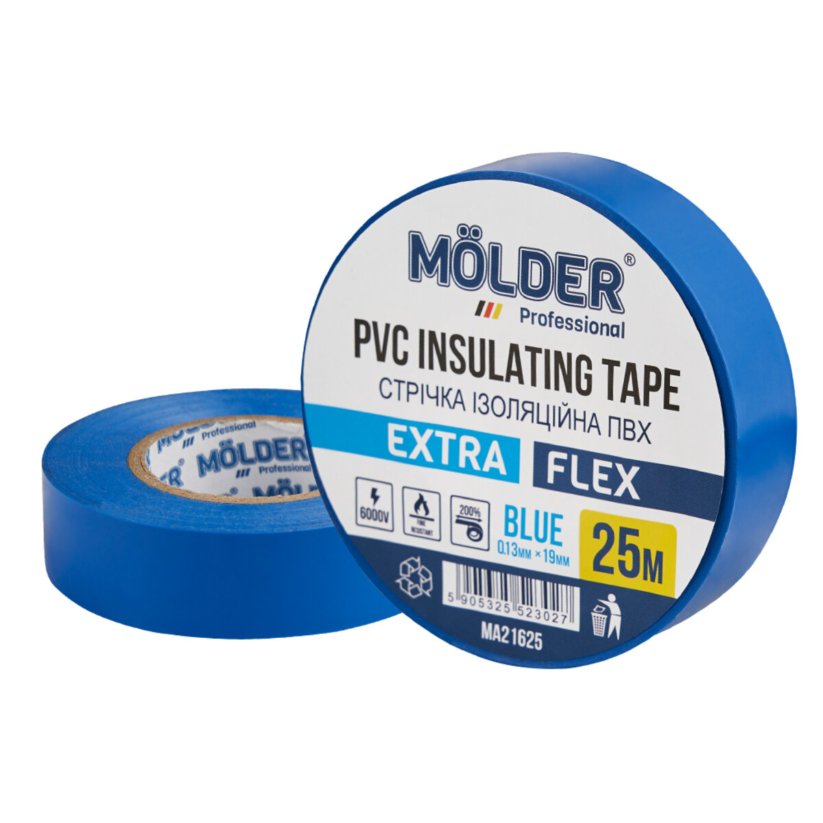 Стрічка ізоляційна ПВХ Molder 0,13x19мм 25м синя, професійна, вогнетривка (MA21625) дивитися фото №1