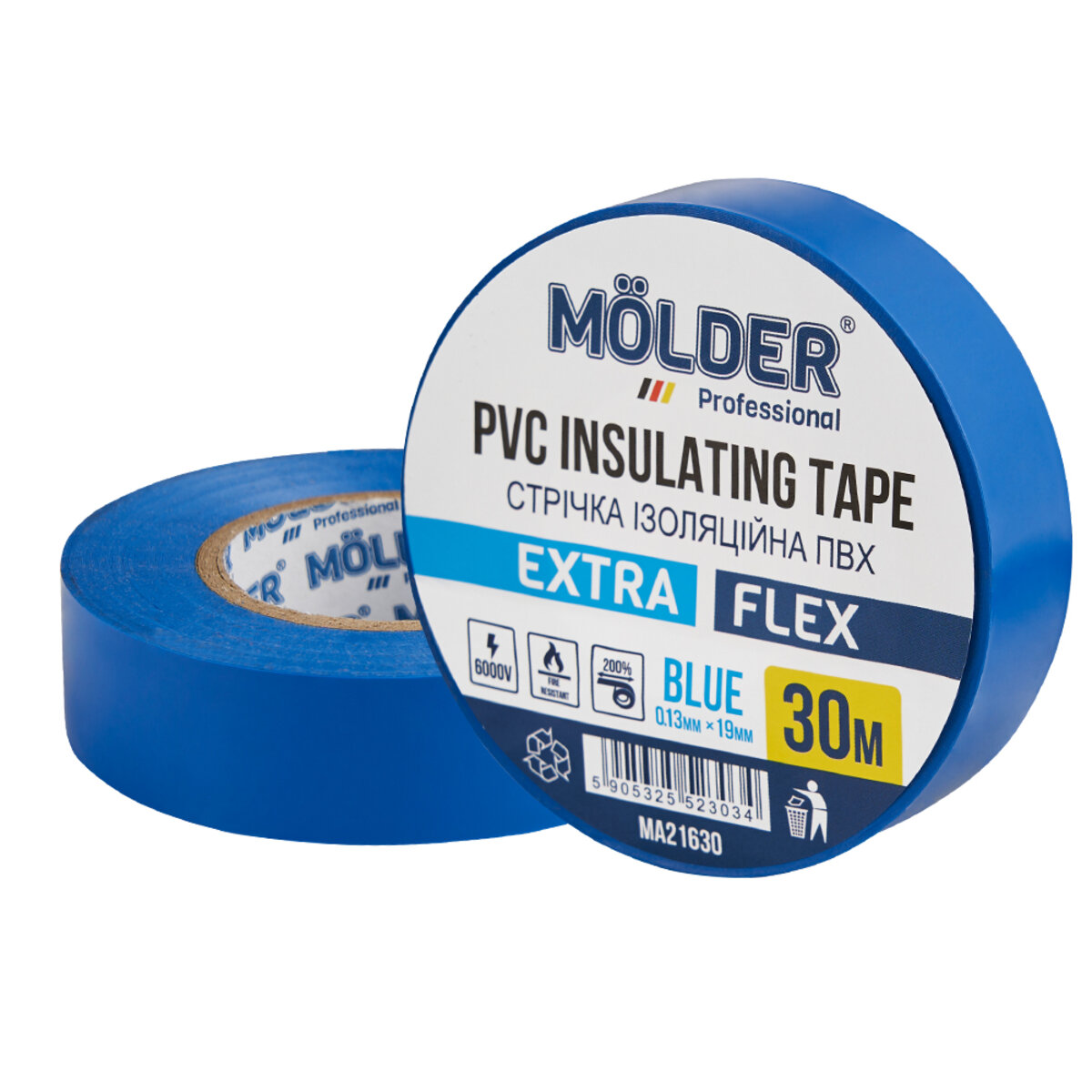 Стрічка ізоляційна ПВХ Molder 0,13x19мм 30м синя, професійна, вогнетривка (MA21630) дивитися фото №1