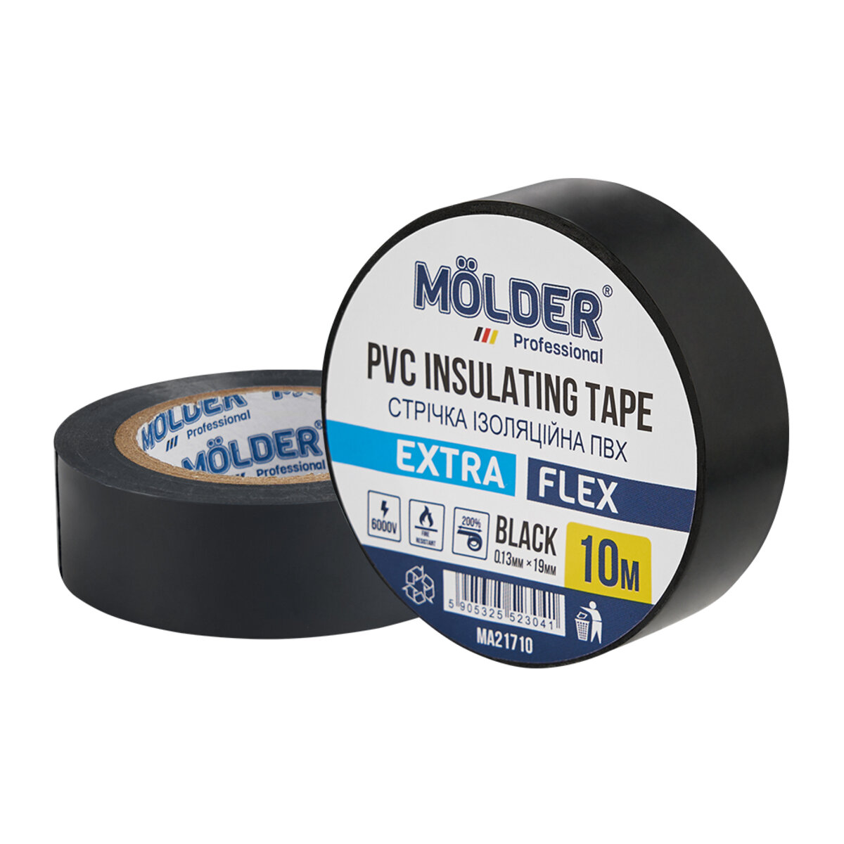 Стрічка ізоляційна ПВХ Molder 0,13x19мм 10м чорна, професійна, вогнетривка (MA21710) дивитися фото №1
