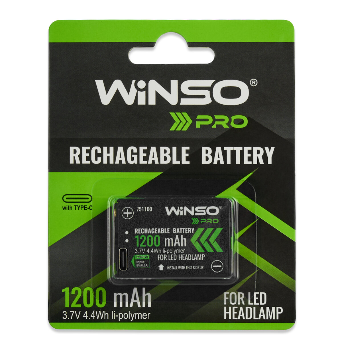 Акумулятор Winso Li-ion 1200mAh Type C для налобних ліхтарів (751100) дивитися фото №1