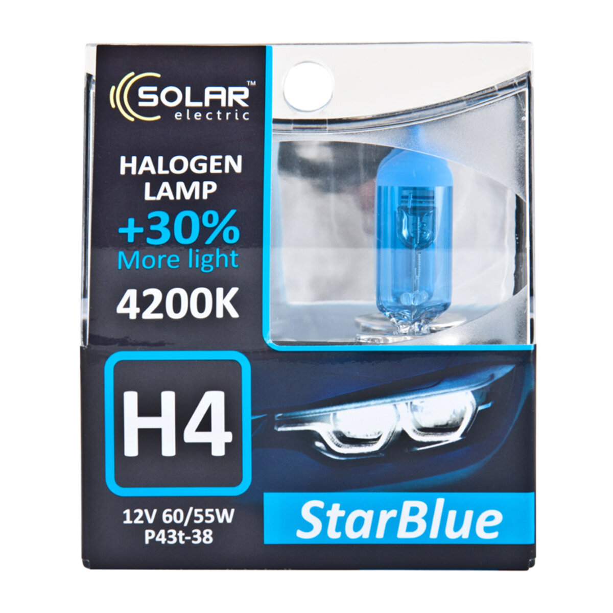 Галогенова лампа Solar H4 12V 60/55W P43t-38 StarBlue 4200K, SET (1244S2) дивитися фото №1