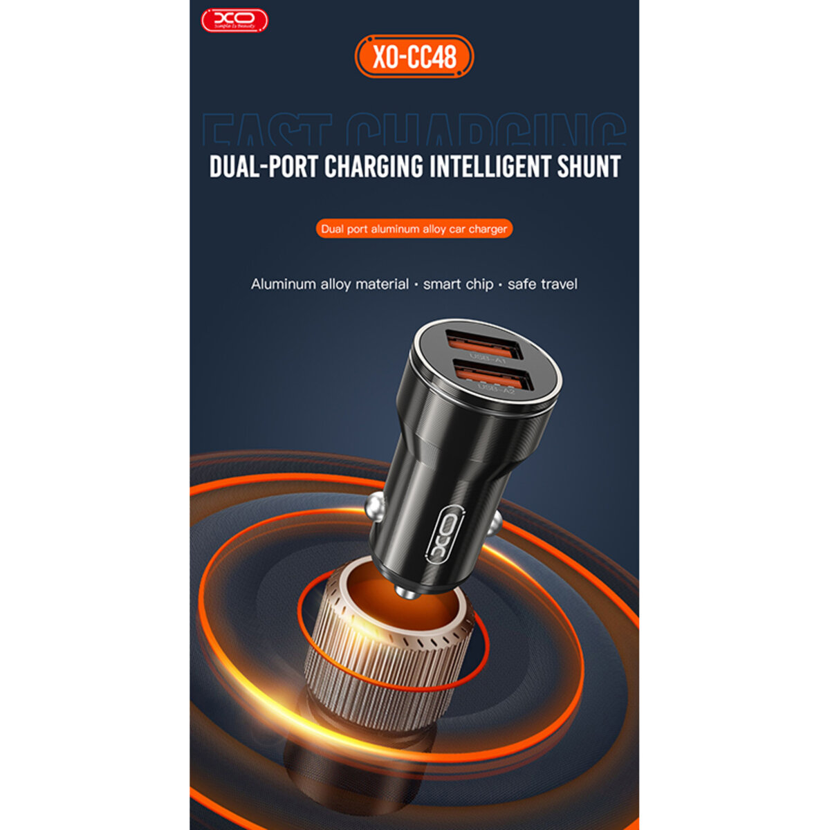 Автомобільний зарядний пристрій XO CC48 Smart Dual USB Metal чорний (XO-CC48) дивитися фото №3