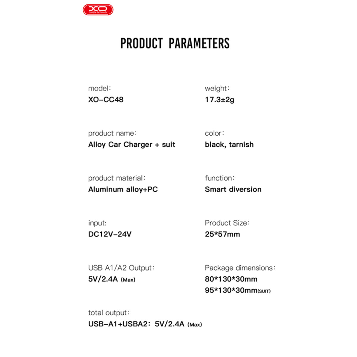 Автомобільний зарядний пристрій XO CC48 Smart Dual USB Metal чорний (XO-CC48) дивитися фото №8