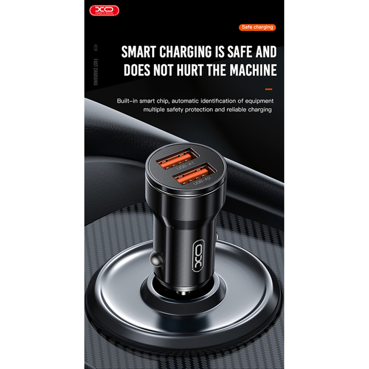 Автомобільний зарядний пристрій XO CC48 Smart Dual USB Metal чорний (XO-CC48) дивитися фото №5