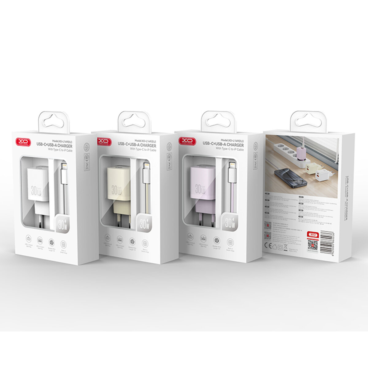 Мережевий зарядний пристрій XO L149 PD30W 1USB-A+1USB-C + Lightning кабель білий (XO-L149+L) дивитися фото №5