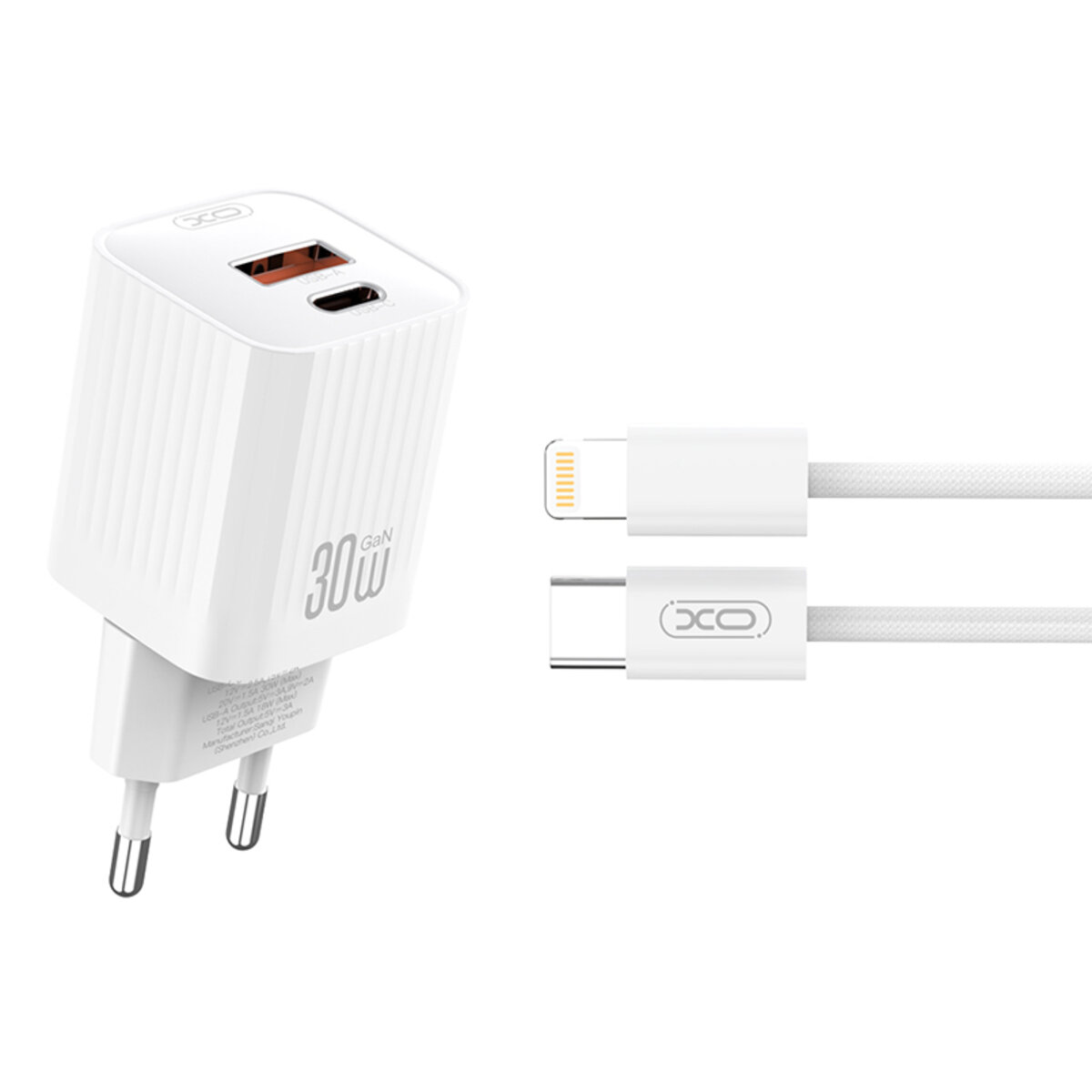 Мережевий зарядний пристрій XO L149 PD30W 1USB-A+1USB-C + Lightning кабель білий (XO-L149+L) дивитися фото №1
