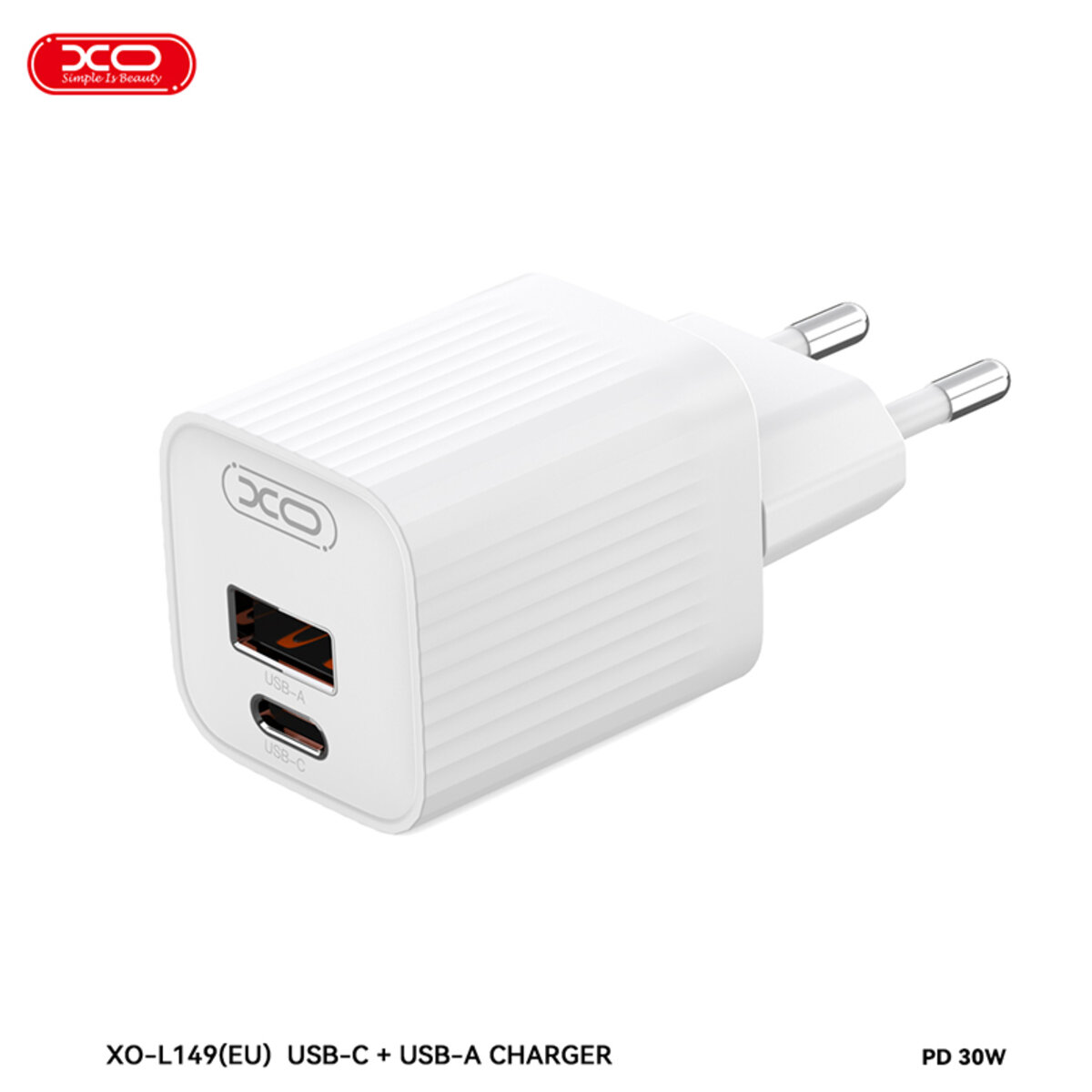 Мережевий зарядний пристрій XO L149 PD30W 1USB-A+1USB-C + Lightning кабель білий (XO-L149+L) дивитися фото №2
