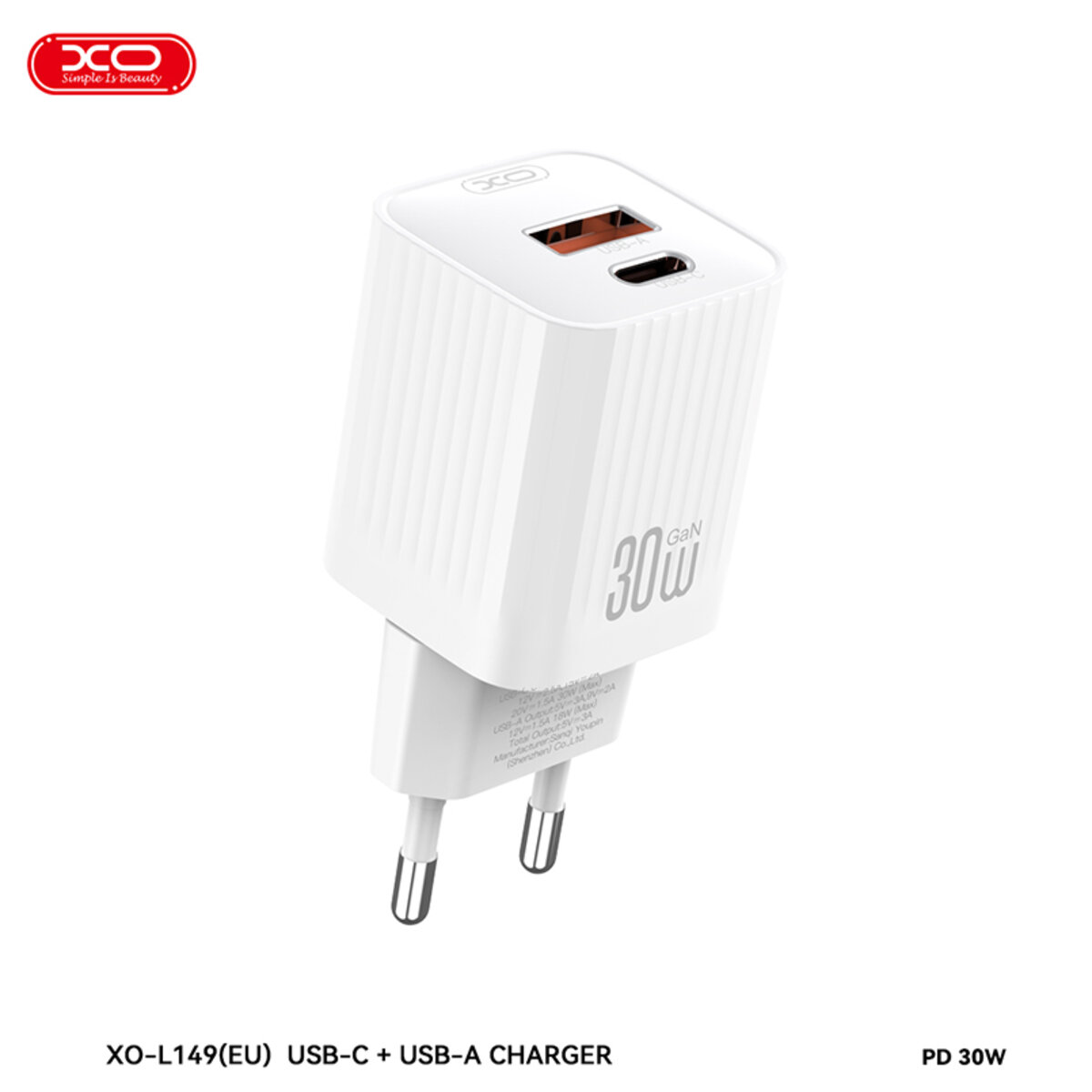 Мережевий зарядний пристрій XO L149 PD30W 1USB-A+1USB-C + Lightning кабель білий (XO-L149+L) дивитися фото №3