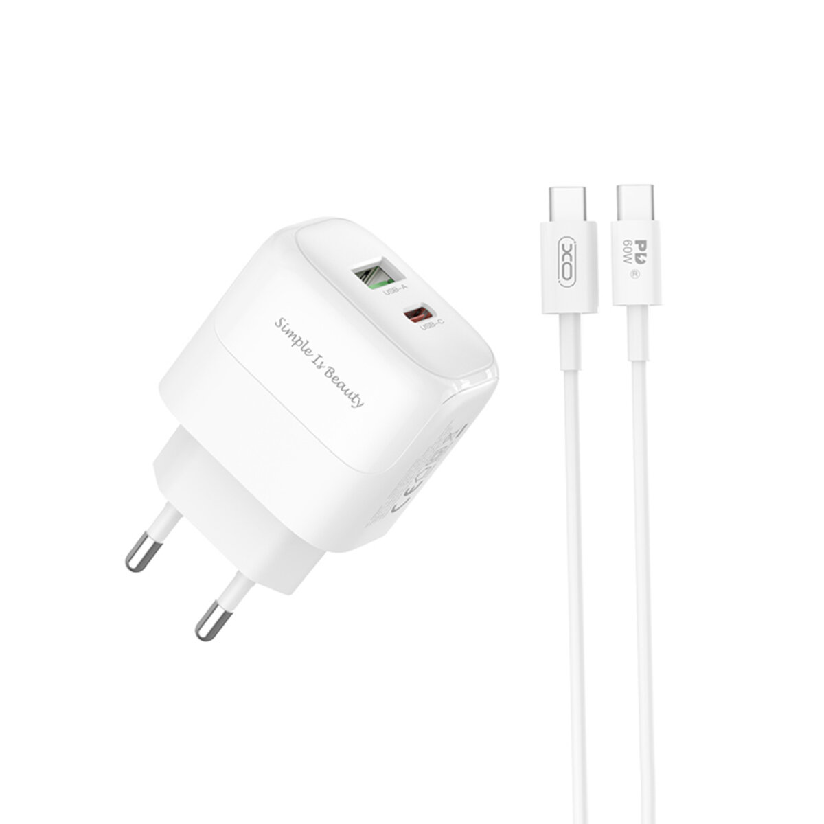 Мережевий зарядний пристрій XO L137 PD20W/QC18W 1USB-A+1USB-C + Type-c кабель білий (XO-L137+C) дивитися фото №1