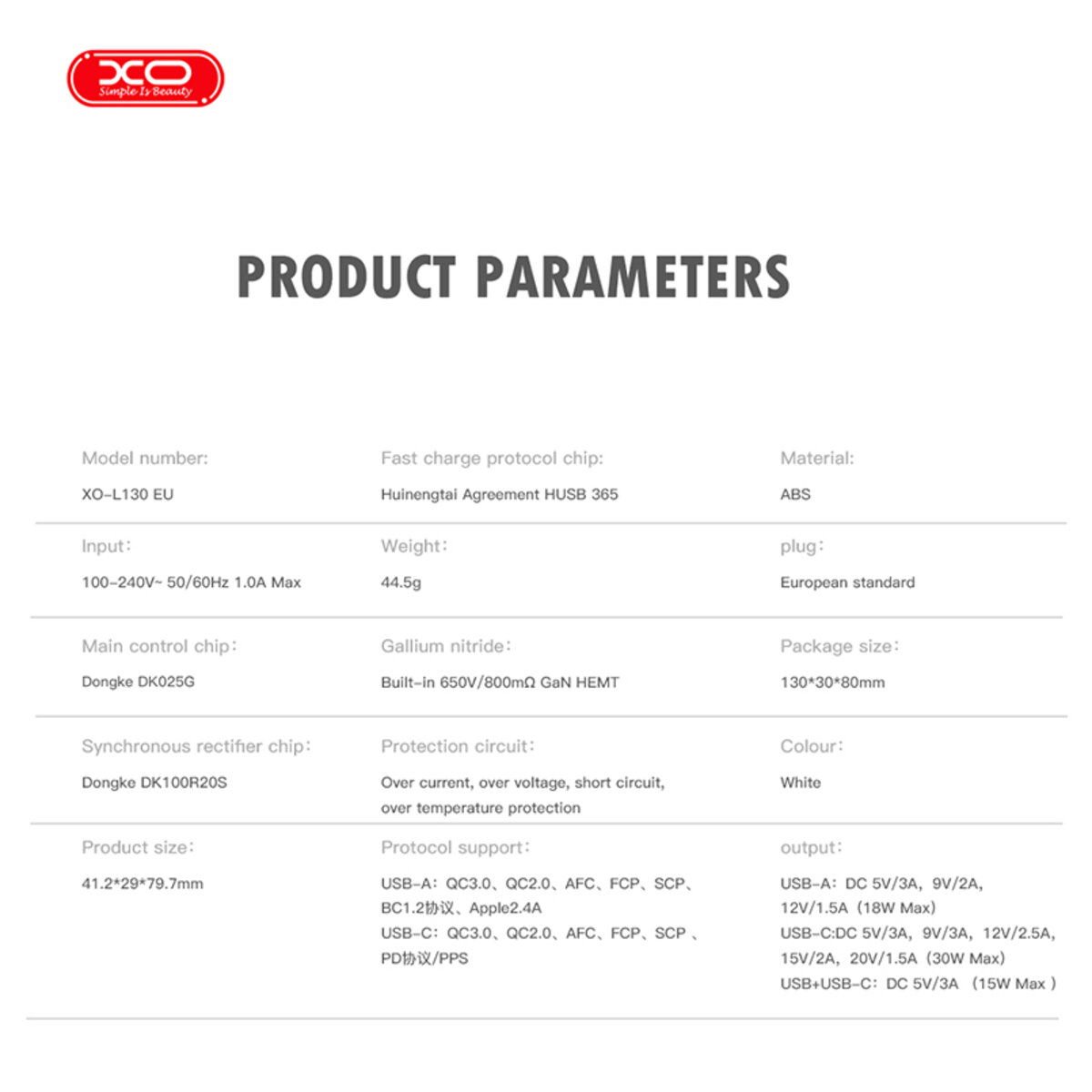 Мережевий зарядний пристрій XO L130 PD30W/QC18W 1USB-C+1USB-A білий (XO-L130) дивитися фото №8