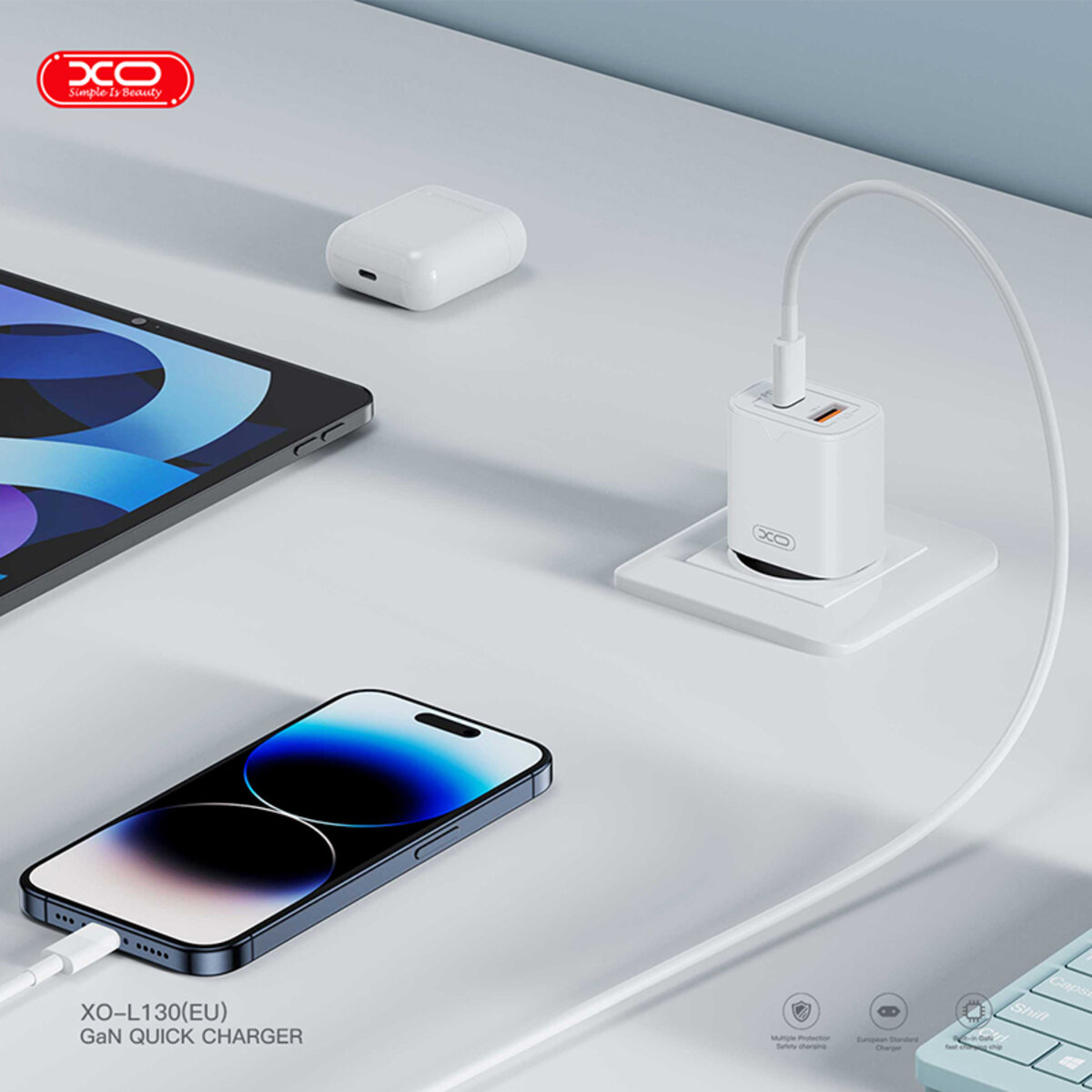 Мережевий зарядний пристрій XO L130 PD30W/QC18W 1USB-C+1USB-A білий (XO-L130) дивитися фото №5