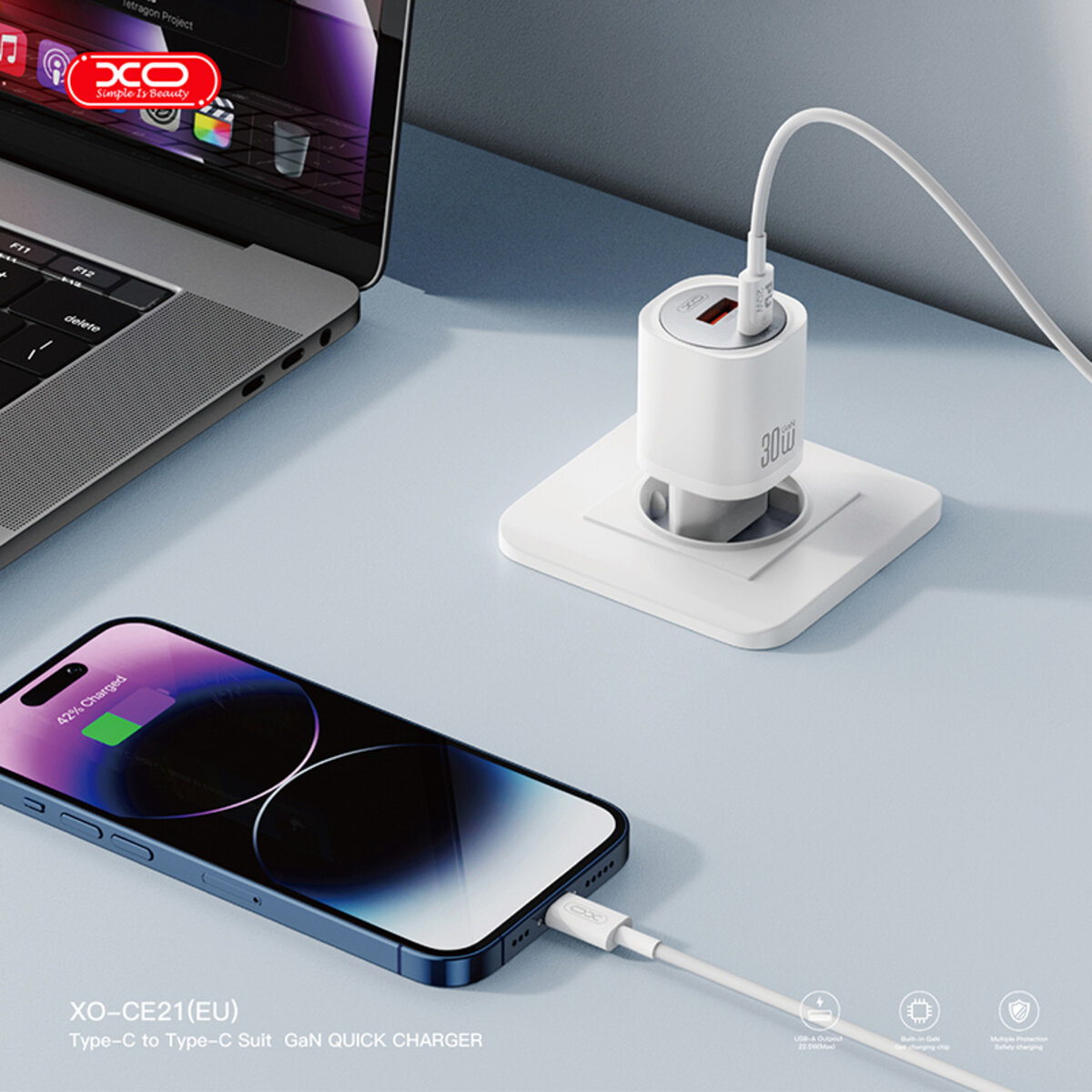 Мережевий зарядний пристрій XO CE21 PD30W/PPS33W 1USB-A+1USB-C білий (XO-CE21) дивитися фото №4