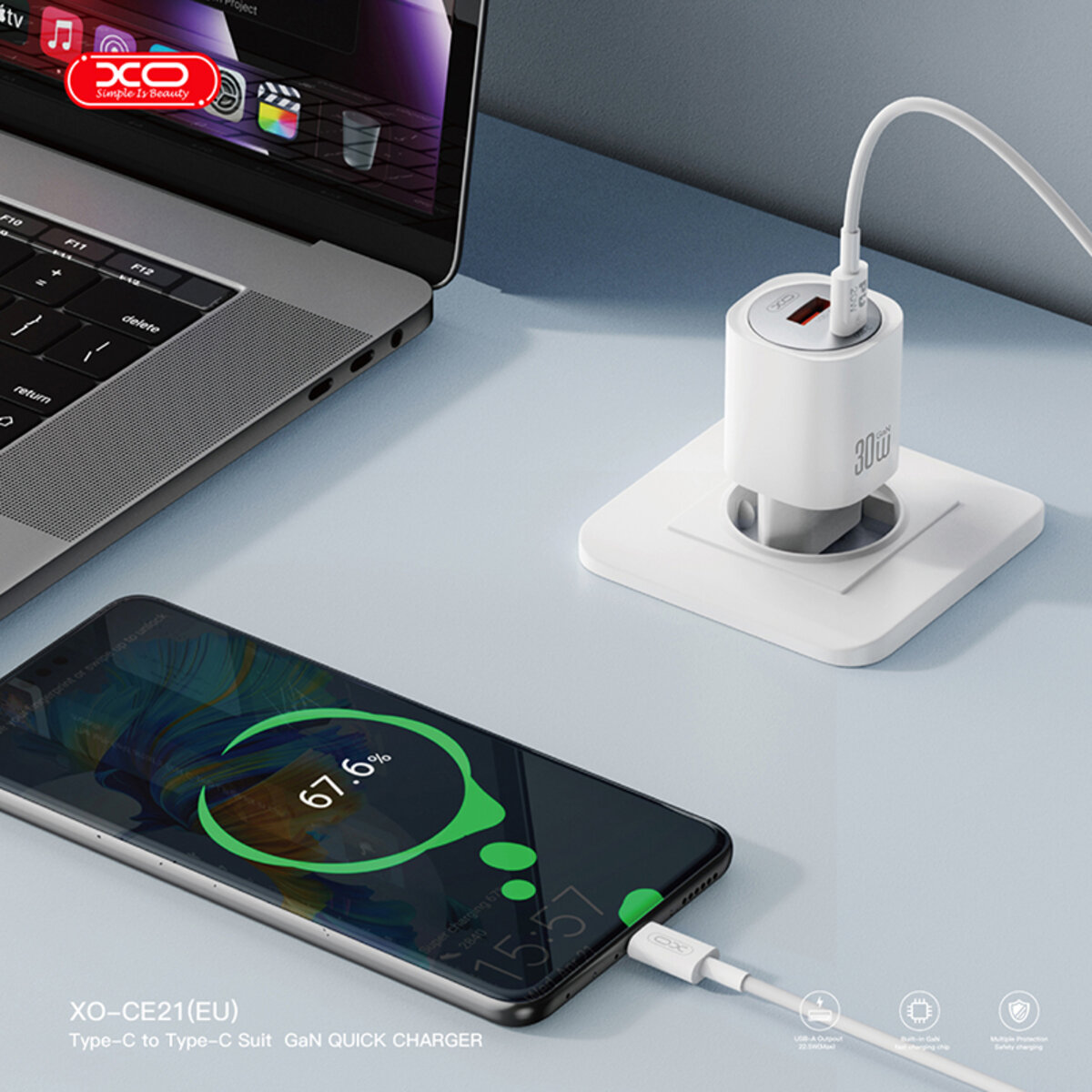 Мережевий зарядний пристрій XO CE21 PD30W/PPS33W 1USB-A+1USB-C білий (XO-CE21) дивитися фото №3