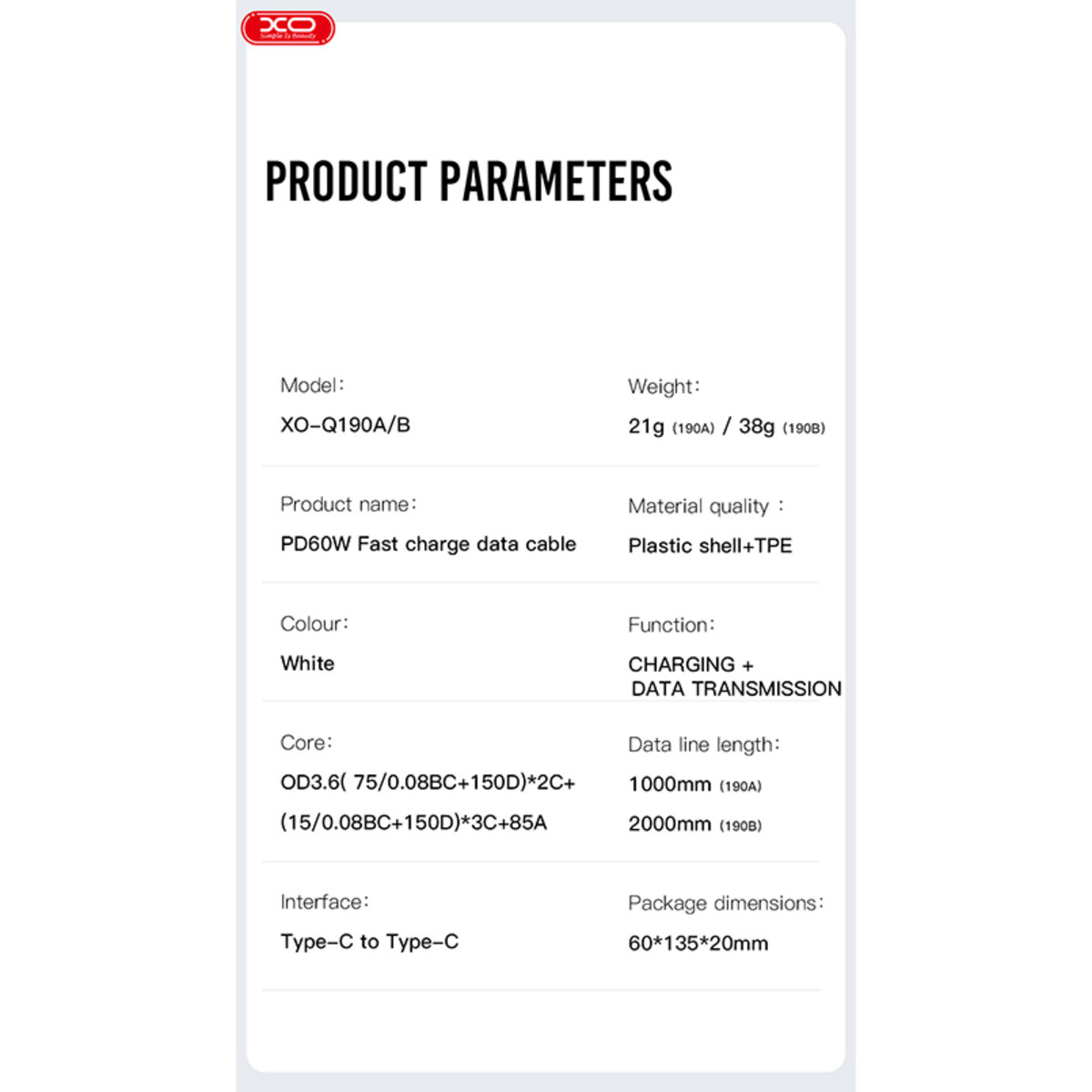Кабель XO Type-C to Type-C 60W 1м білий (XO-NB-Q190A) дивитися фото №6