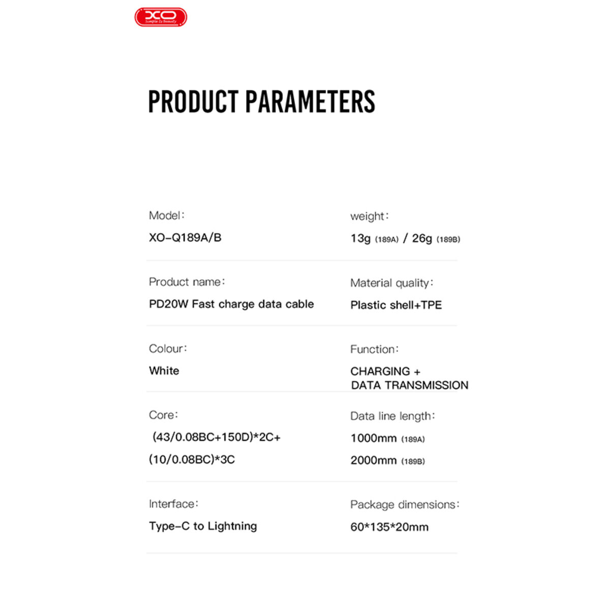 Кабель XO Type-C to Lightning 20W 1м білий (XO-NB-Q189A) дивитися фото №6