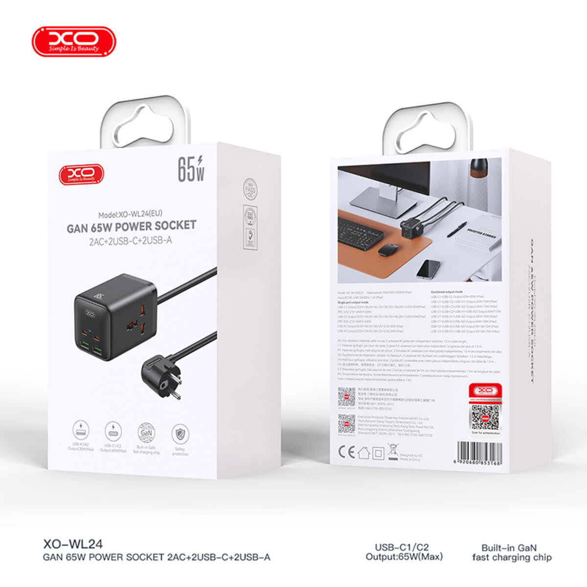 Мережевий зарядний пристрій XO WL24 Fast Charging Desktop Charger Array Plug 65W чорний (XO-WL24) дивитися фото №6