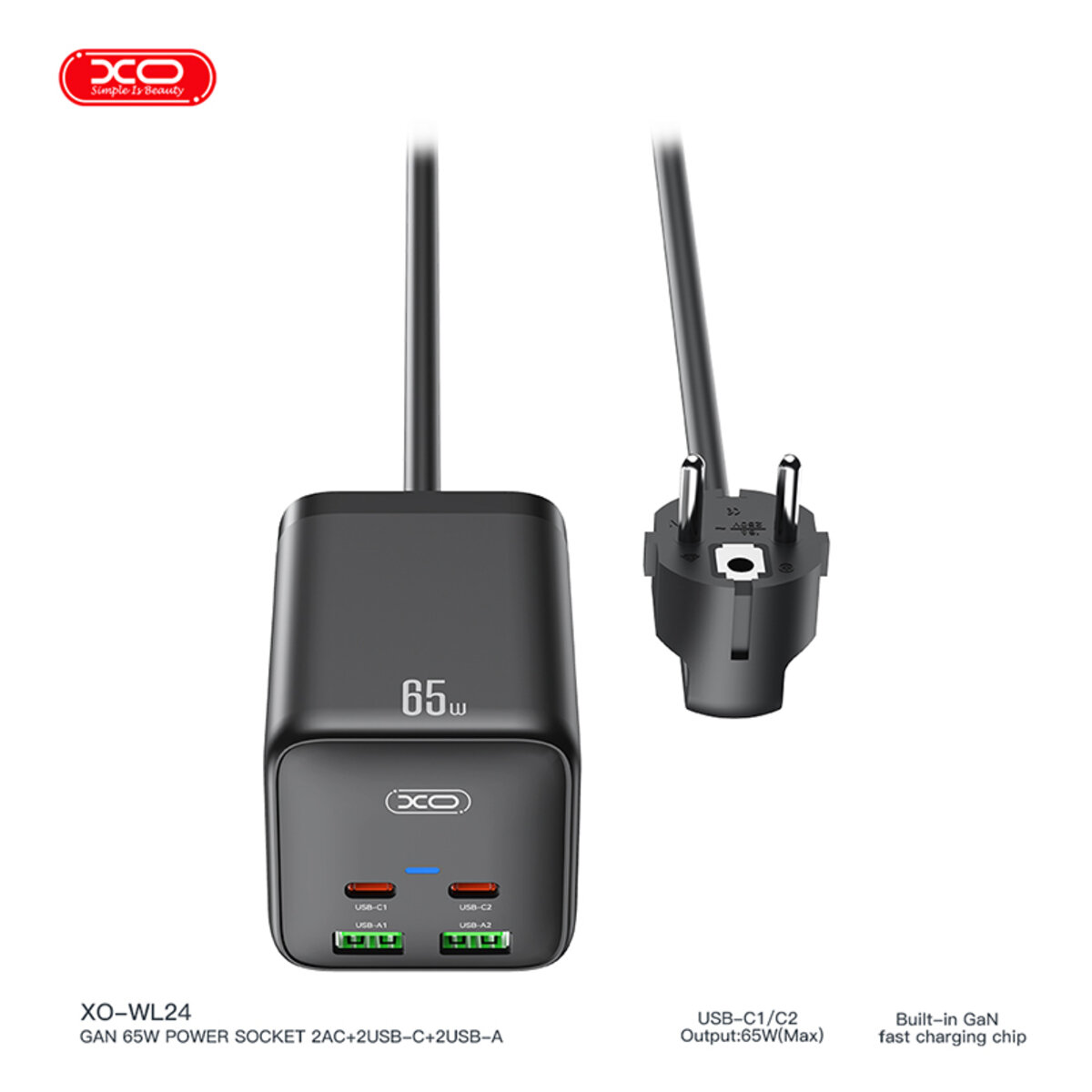 Мережевий зарядний пристрій XO WL24 Fast Charging Desktop Charger Array Plug 65W чорний (XO-WL24) дивитися фото №2