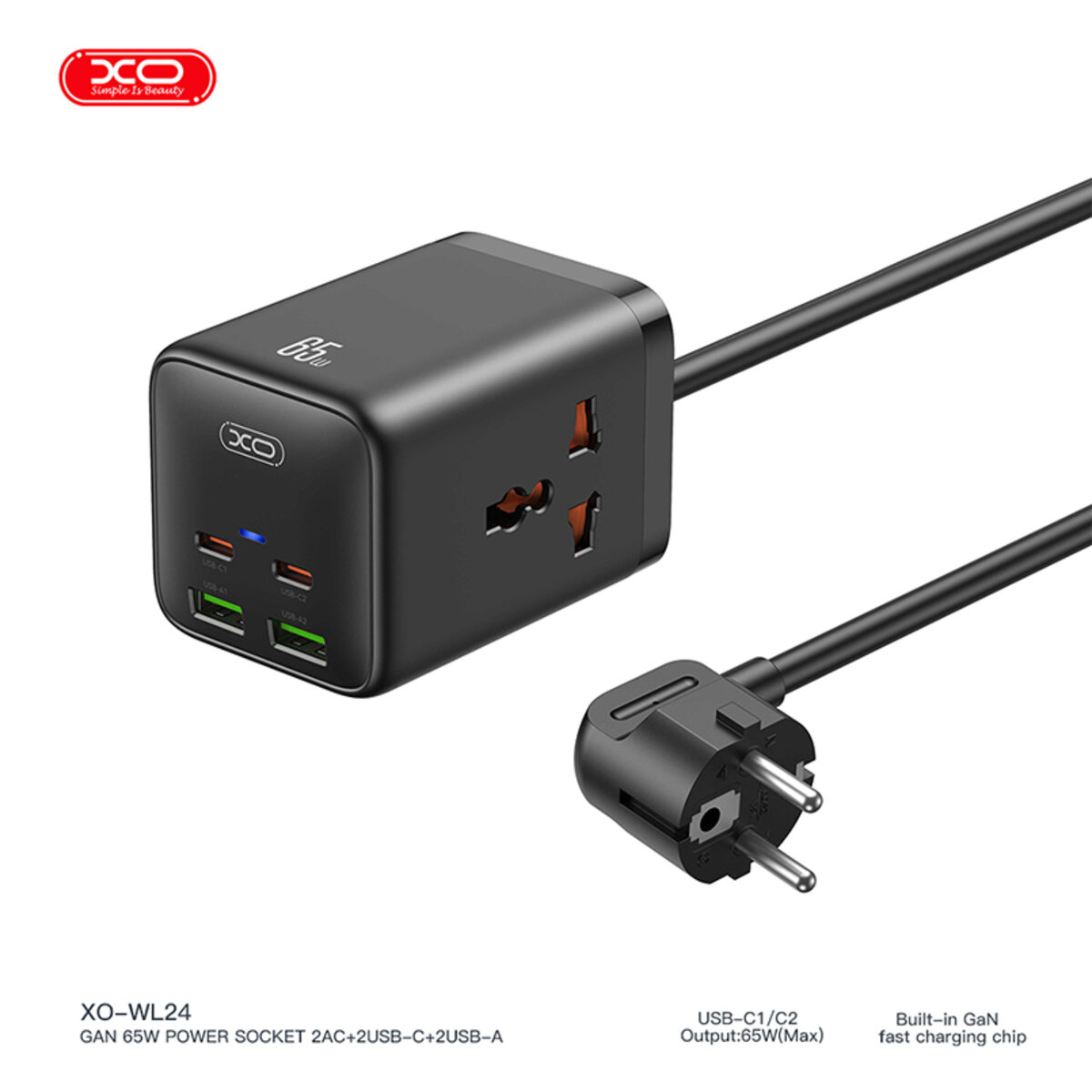 Мережевий зарядний пристрій XO WL24 Fast Charging Desktop Charger Array Plug 65W чорний (XO-WL24) дивитися фото №3