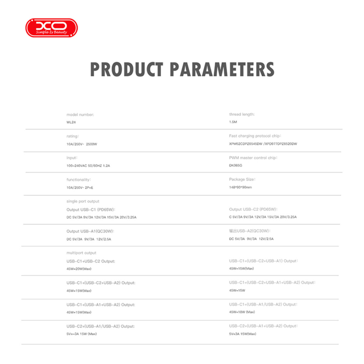 Мережевий зарядний пристрій XO WL24 Fast Charging Desktop Charger Array Plug 65W чорний (XO-WL24) дивитися фото №7