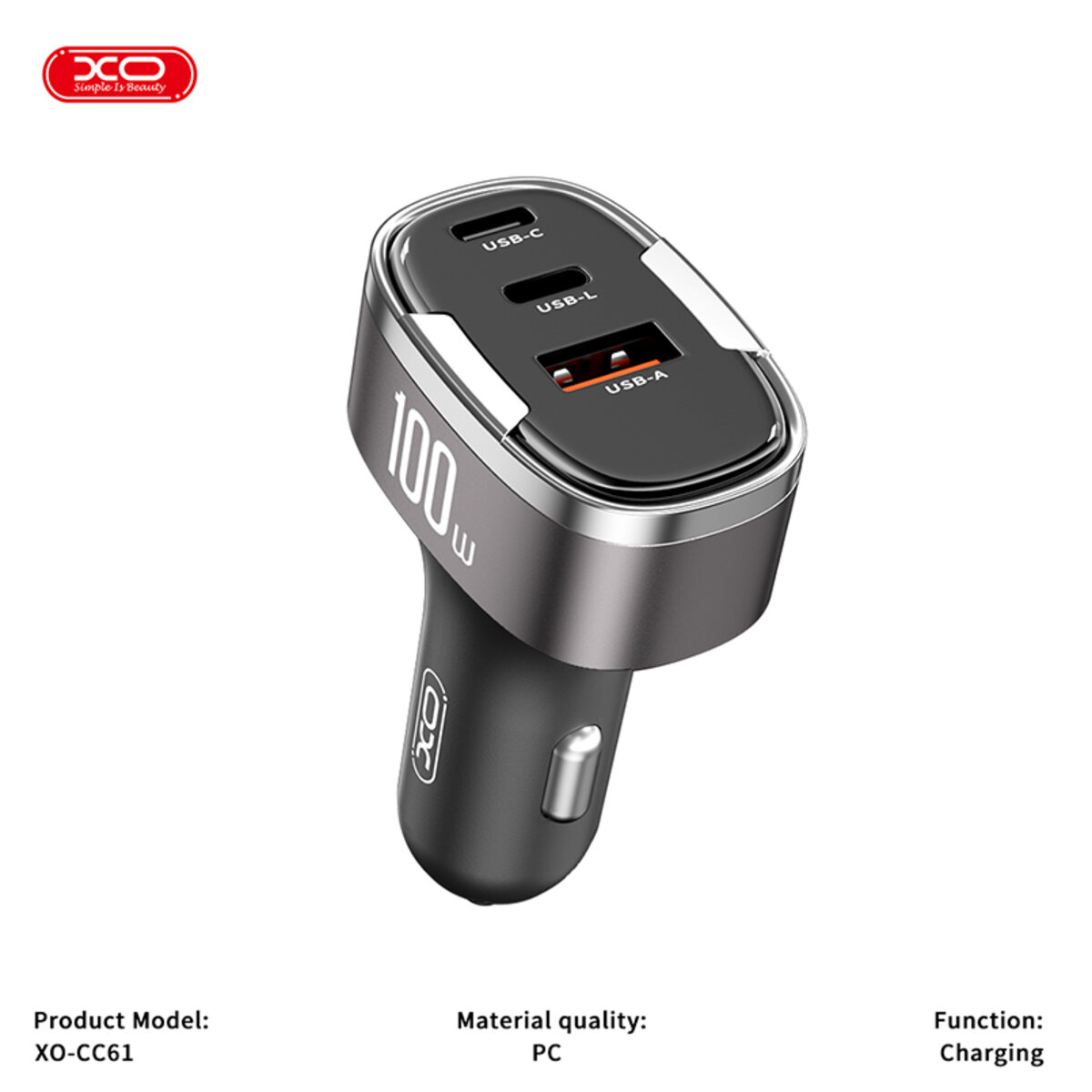 Автомобільний зарядний пристрій XO CC61 Smart USB/Type-C/Lightning 100W срібний (XO-CC61) дивитися фото №5