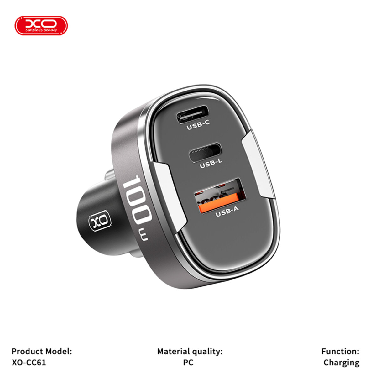 Автомобільний зарядний пристрій XO CC61 Smart USB/Type-C/Lightning 100W срібний (XO-CC61) дивитися фото №4