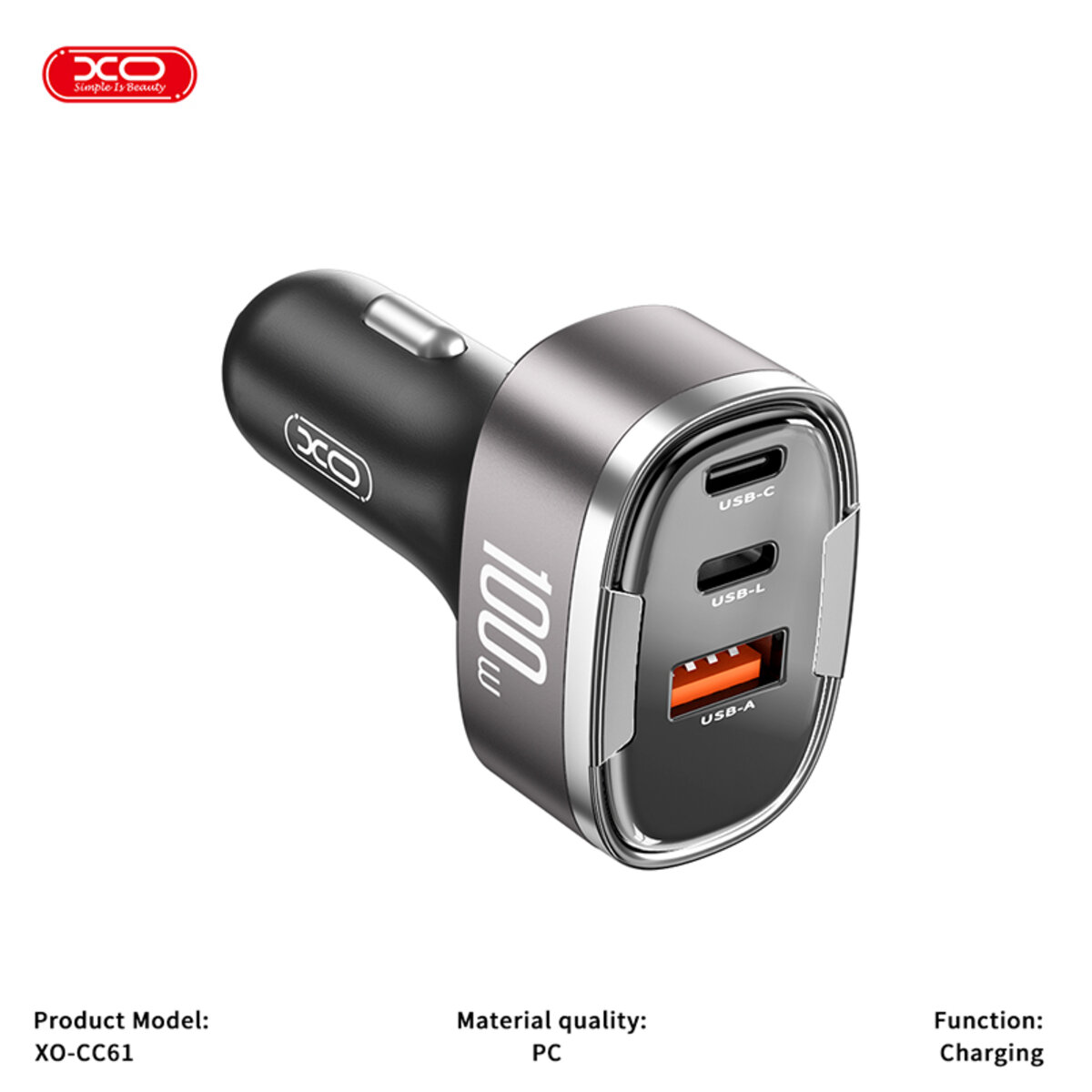 Автомобільний зарядний пристрій XO CC61 Smart USB/Type-C/Lightning 100W срібний (XO-CC61) дивитися фото №3