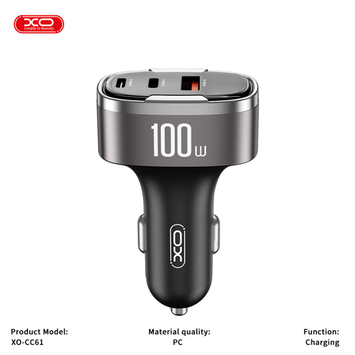 Автомобільний зарядний пристрій XO CC61 Smart USB/Type-C/Lightning 100W срібний (XO-CC61) дивитися фото №2