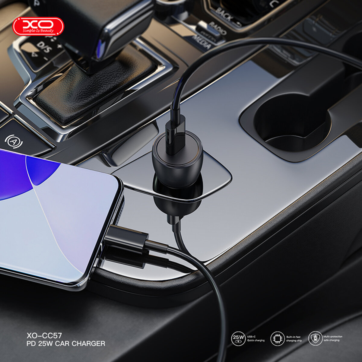 Автомобільний зарядний пристрій XO CC57 PD25W Smart Metal Single C Port+ Lightning кабель чорний (XO-CC57+L) дивитися фото №6