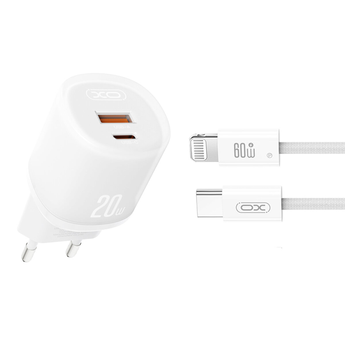 Мережевий зарядний пристрій XO L144 PD20W 1USB-A+1USB-C + Lightning кабель білий (XO-L144+L-White) дивитися фото №1