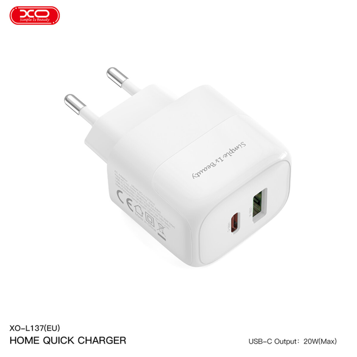 Мережевий зарядний пристрій XO L137 PD20W/QC18W 1USB-A+1USB-C білий (XO-L137) дивитися фото №4