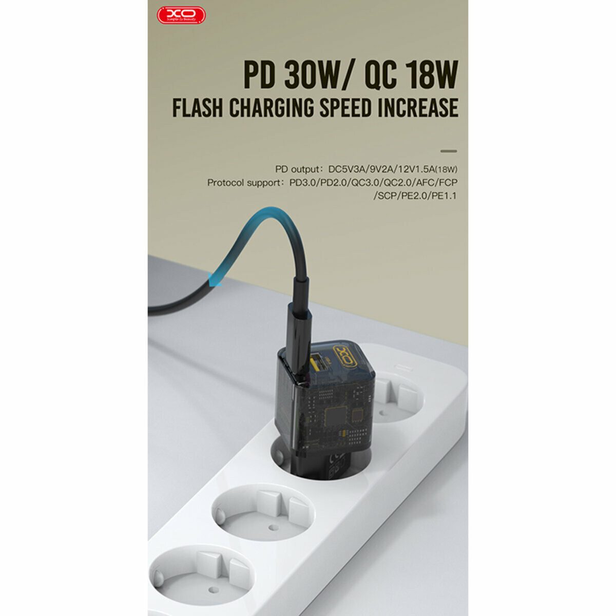 Мережевий зарядний пристрій XO CE05 Gan PD30W+QC3.0 18W+ Lighting кабель коричневий (XO-CE05+L) дивитися фото №8