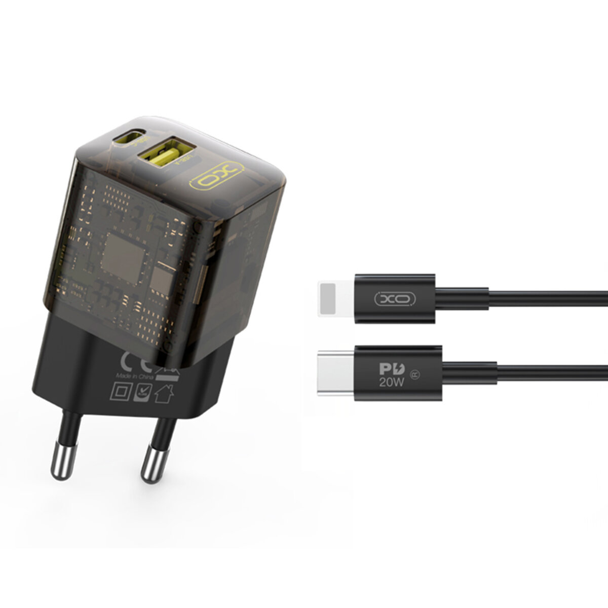 Мережевий зарядний пристрій XO CE05 Gan PD30W+QC3.0 18W+ Lighting кабель коричневий (XO-CE05+L) дивитися фото №1