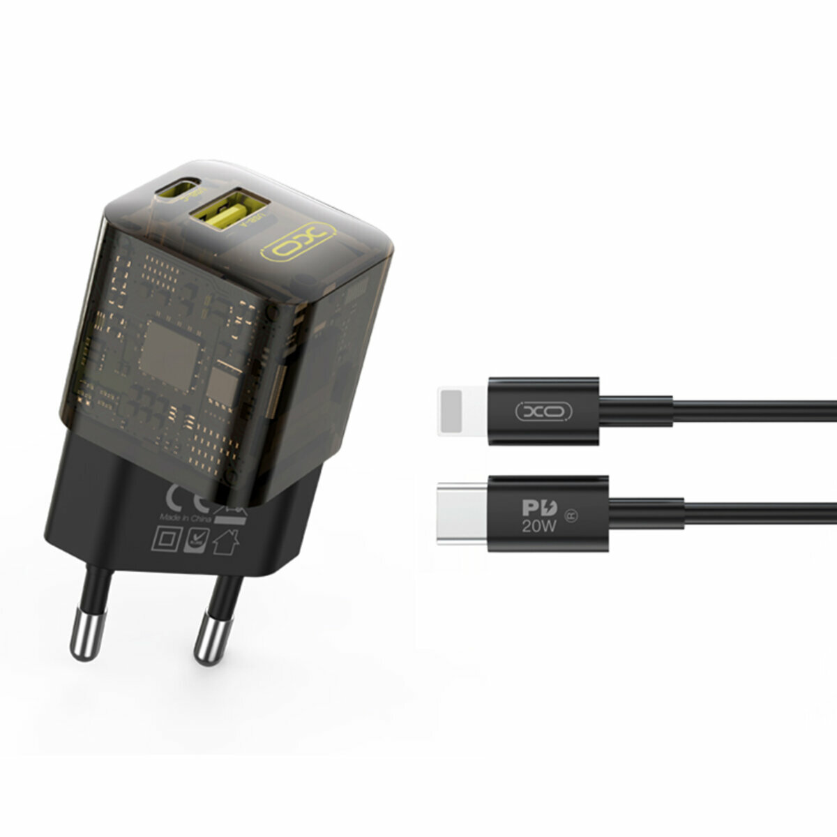 Мережевий зарядний пристрій XO CE05 Gan PD30W+QC3.0 18W+ Lighting кабель коричневий (XO-CE05+L) дивитися фото №1