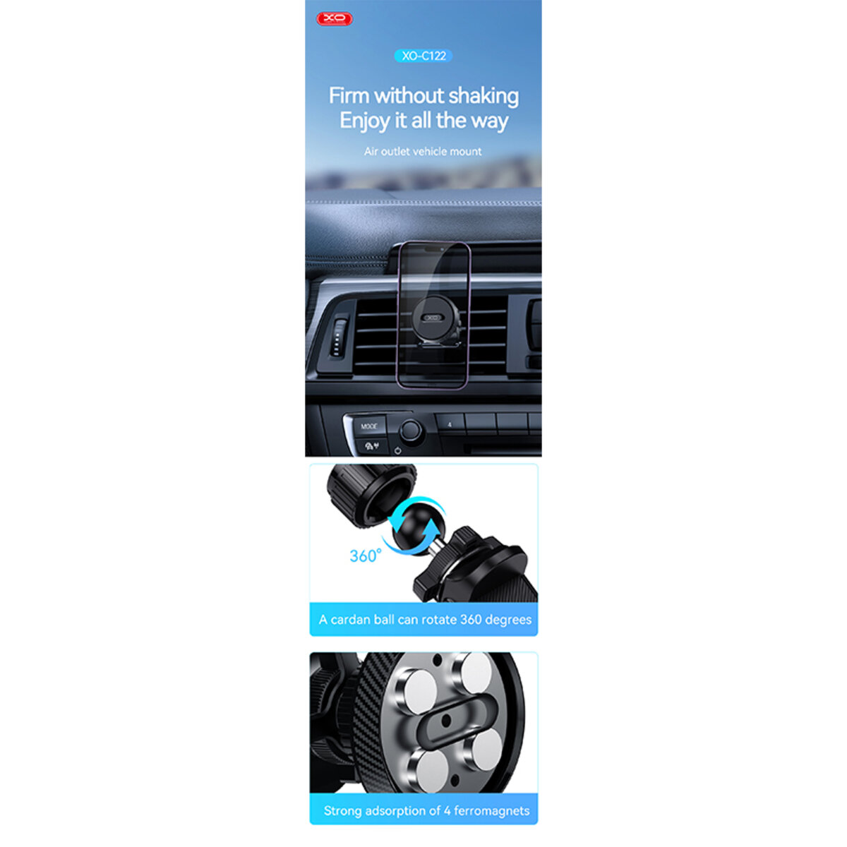 Тримач телефону автомобільний XO C122 Round Magnetic Bracket with Air Outlet чорний (XO-C122) дивитися фото №3