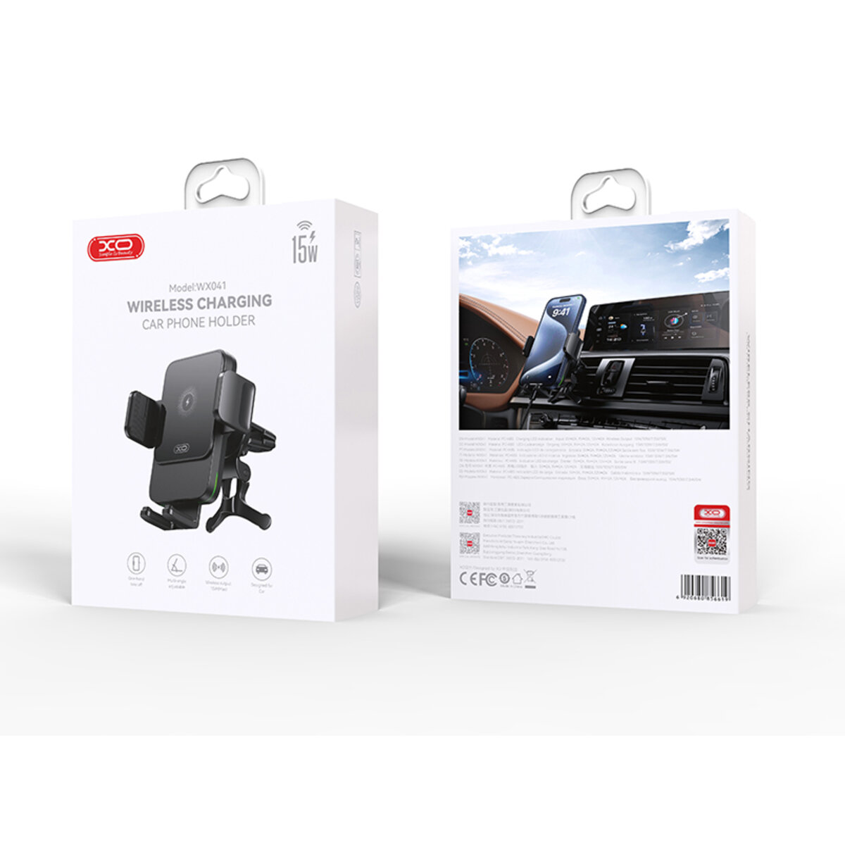 Держатель телефона автомобильный XO с беспроводной зарядкой WX041 Dual Arm Air Outlet 15W Wireless черный (XO-WX041) смотреть фото №3