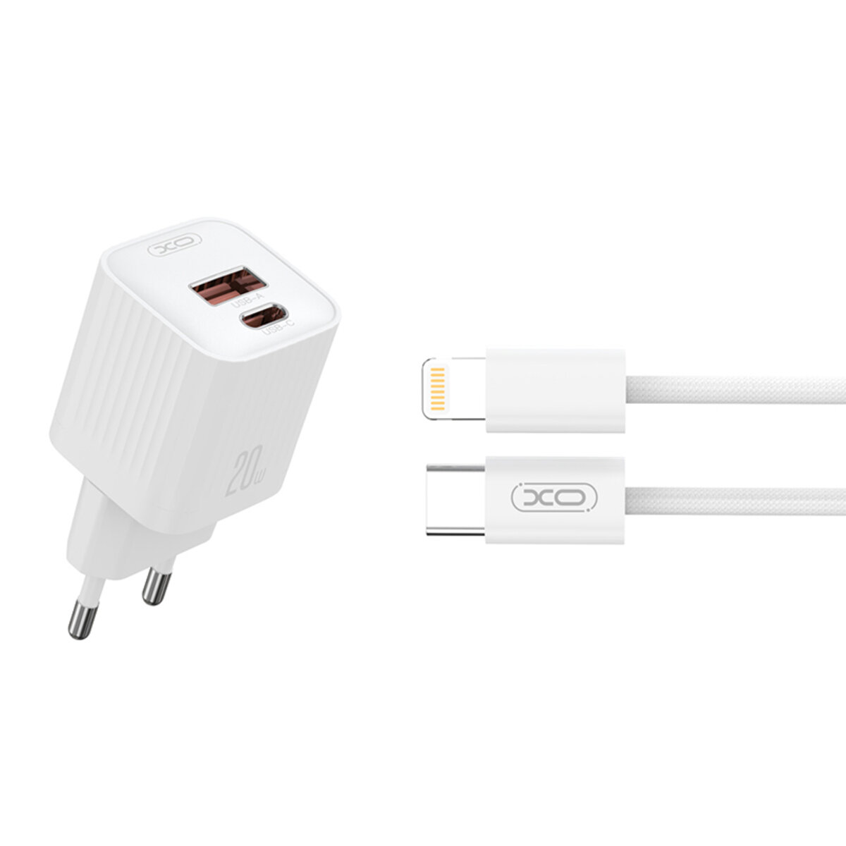 Мережевий зарядний пристрій XO L147 PD20W 1USB-A+1USB-C + Lightning cable білий (XO-L147+L) дивитися фото №1