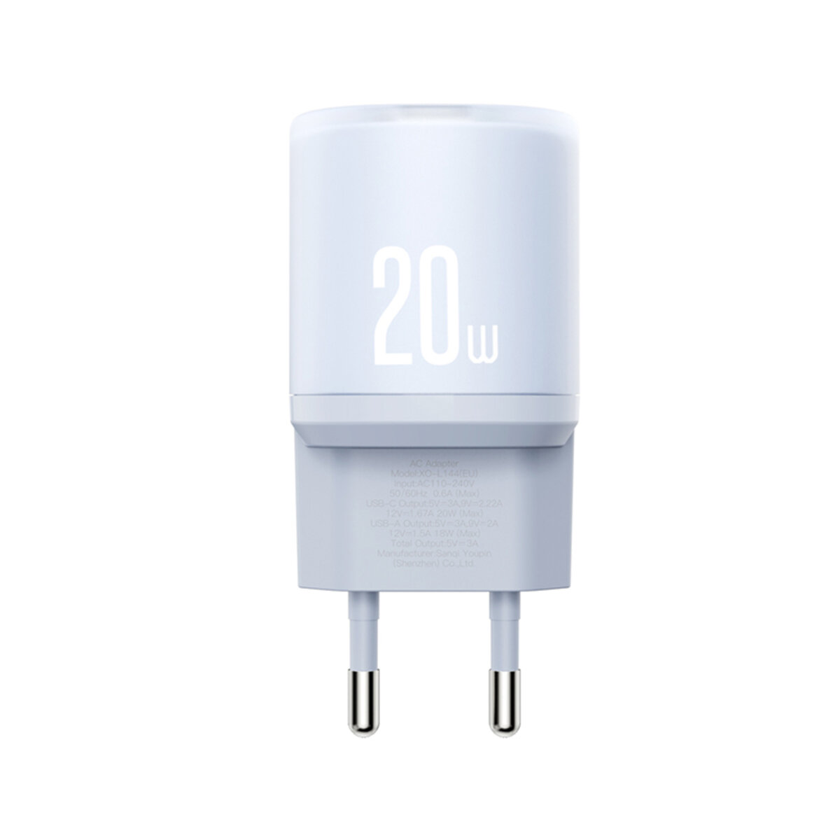 Мережевий зарядний пристрій XO L144 PD20W 1USB-A+1USB-C синій (XO-L144-Blue) дивитися фото №2