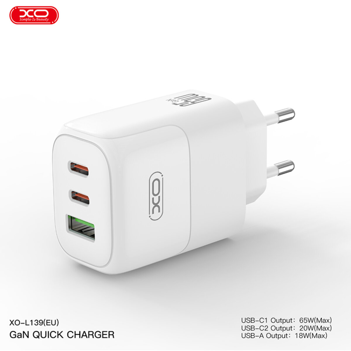 Мережевий зарядний пристрій XO L139 1USB-A 45W+2USB-C 65W + Type-c кабель білий (XO-L139+C) дивитися фото №4