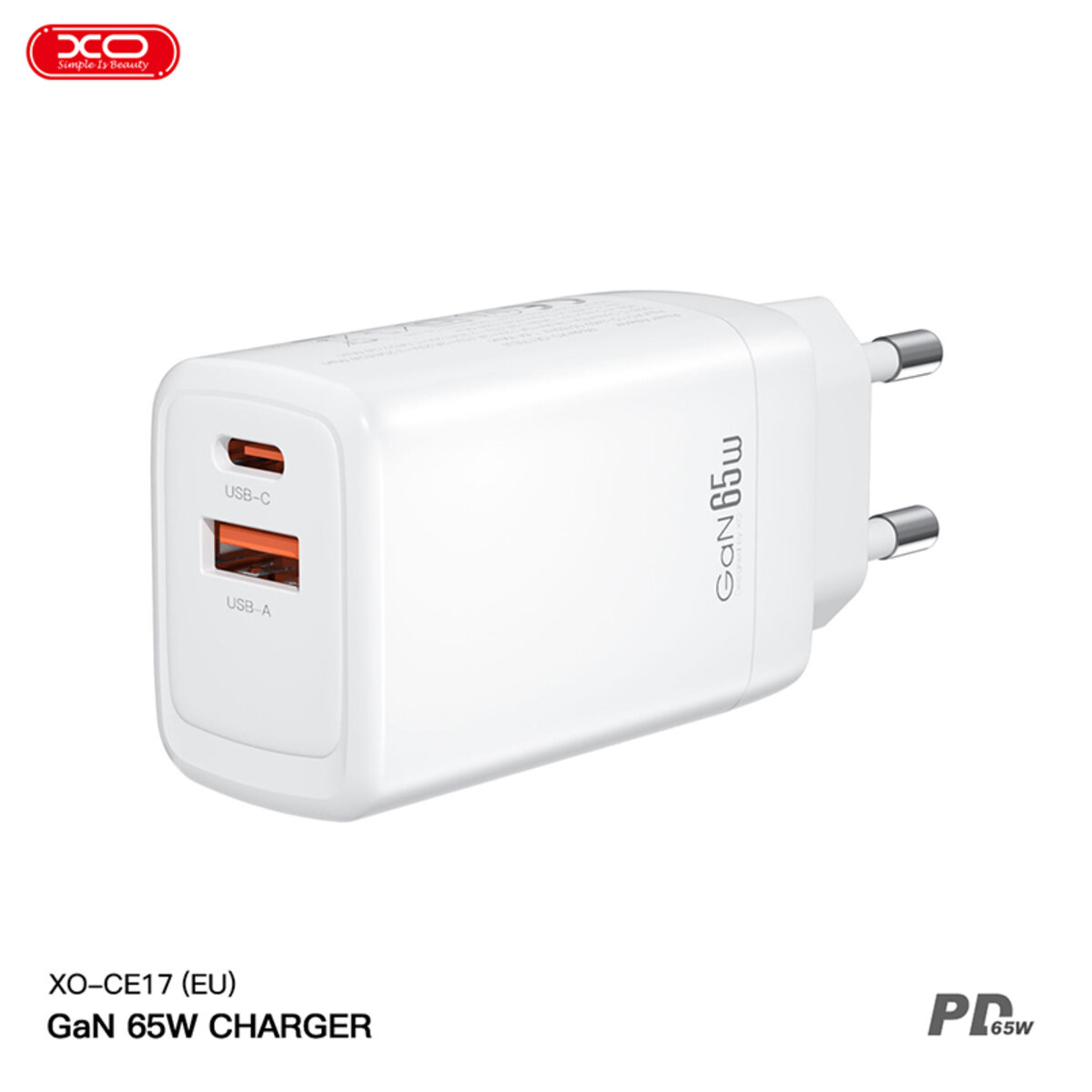 Мережевий зарядний пристрій XO CE17 GaN 65W білий (XO-CE17) дивитися фото №3