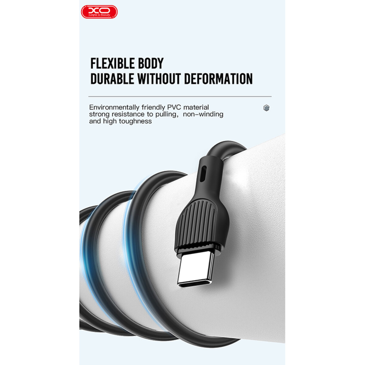 Кабель XO USB to Type-C 2,1А 2м чорний (XO-NB200C-Black) дивитися фото №5