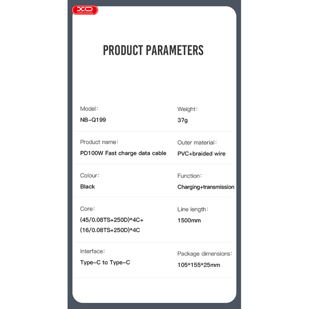 Кабель XO Type-C to Type-C 100W 1,5м чорний (XO-NB-Q199) дивитися фото №6