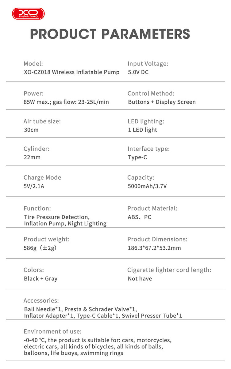 Компресор автомобільний XO 85Вт 25л/хв портативний бездротовий (XO-CZ018) дивитися фото №8