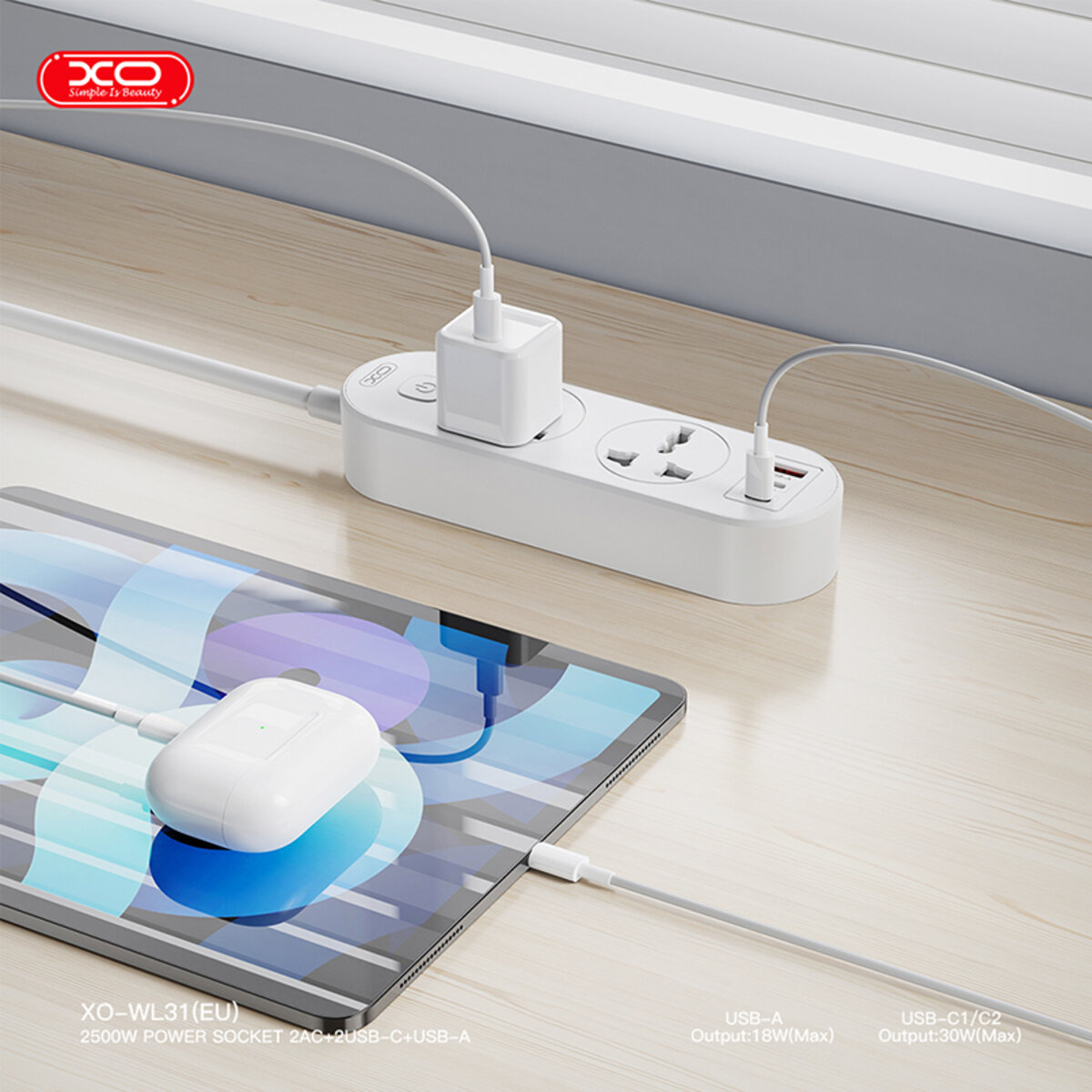 Мережевий фільтр XO WL31 30W (2 розетки +1USB-A+2USB-C) з головними вимикачем 1,5м. білий (XO-WL31) дивитися фото №5