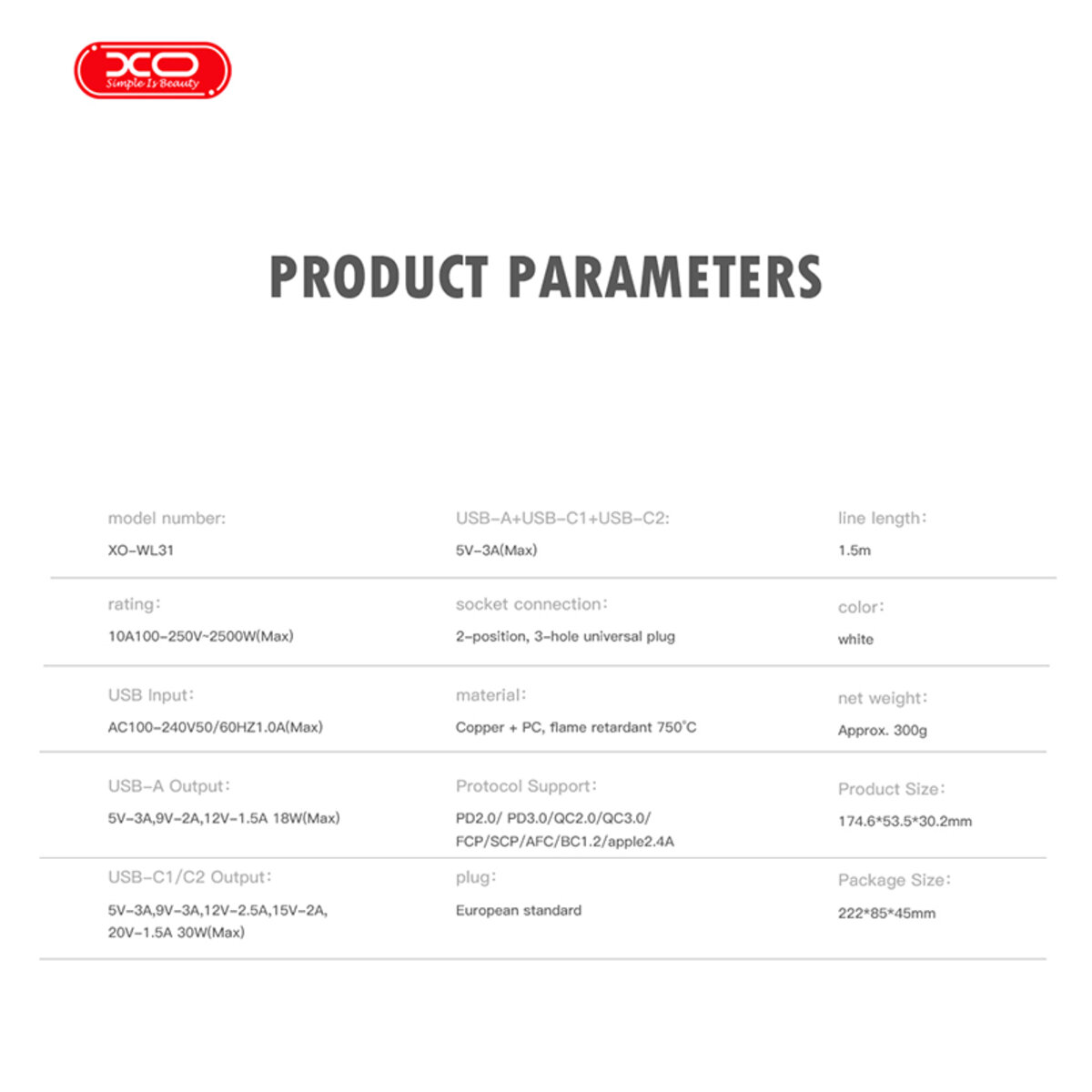 Мережевий фільтр XO WL31 30W (2 розетки +1USB-A+2USB-C) з головними вимикачем 1,5м. білий (XO-WL31) дивитися фото №7