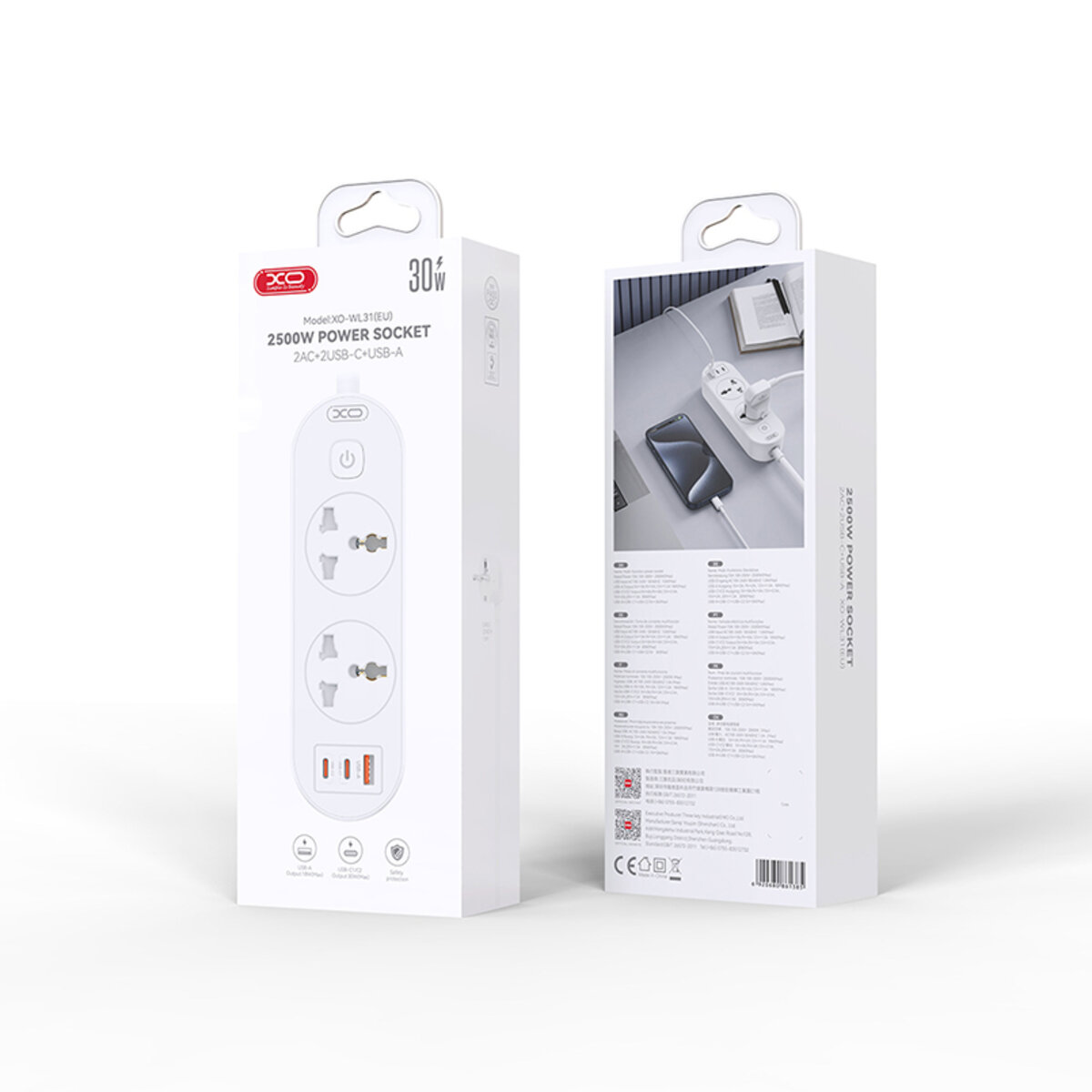 Мережевий фільтр XO WL31 30W (2 розетки +1USB-A+2USB-C) з головними вимикачем 1,5м. білий (XO-WL31) дивитися фото №6