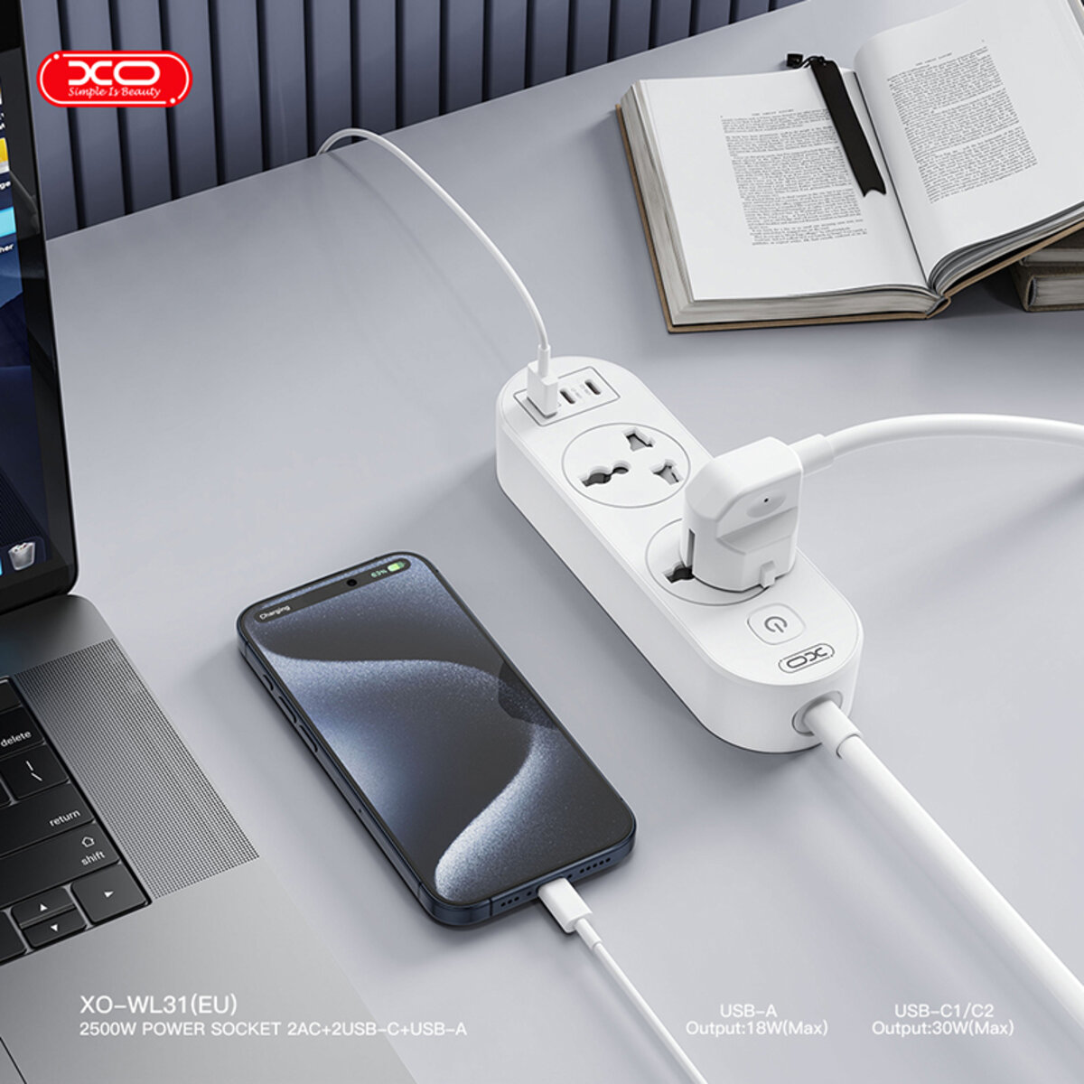 Мережевий фільтр XO WL31 30W (2 розетки +1USB-A+2USB-C) з головними вимикачем 1,5м. білий (XO-WL31) дивитися фото №4