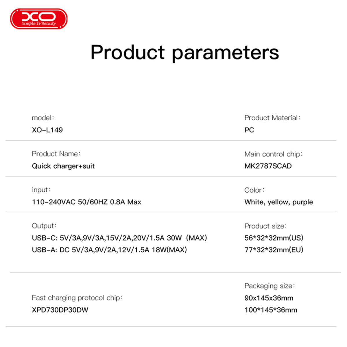 Мережевий зарядний пристрій XO L149 PD30W 1USB-A+1USB-C білий (XO-L149) дивитися фото №5