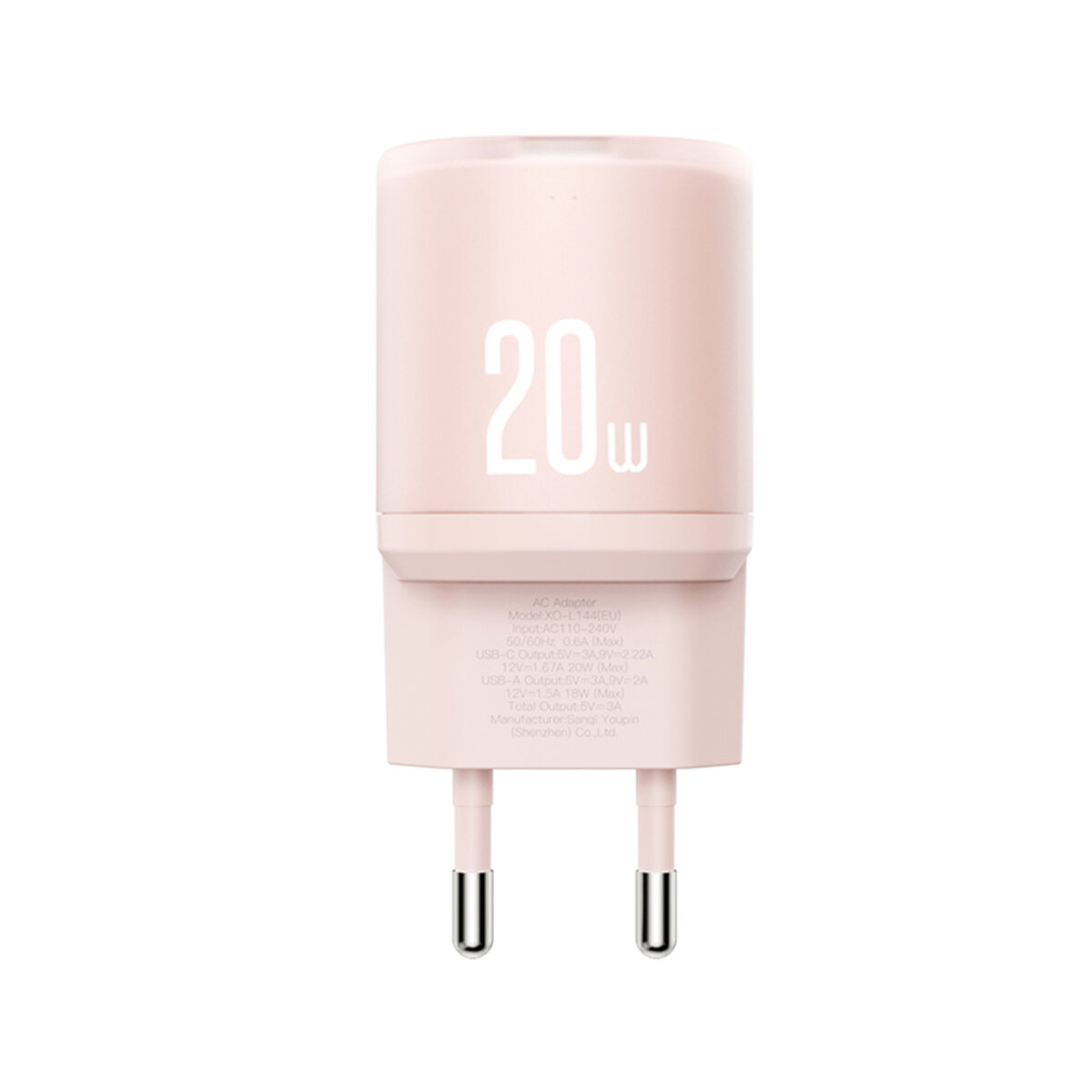 Мережевий зарядний пристрій XO L144 PD20W 1USB-A+1USB-C pink (XO-L144-Pink) дивитися фото №3