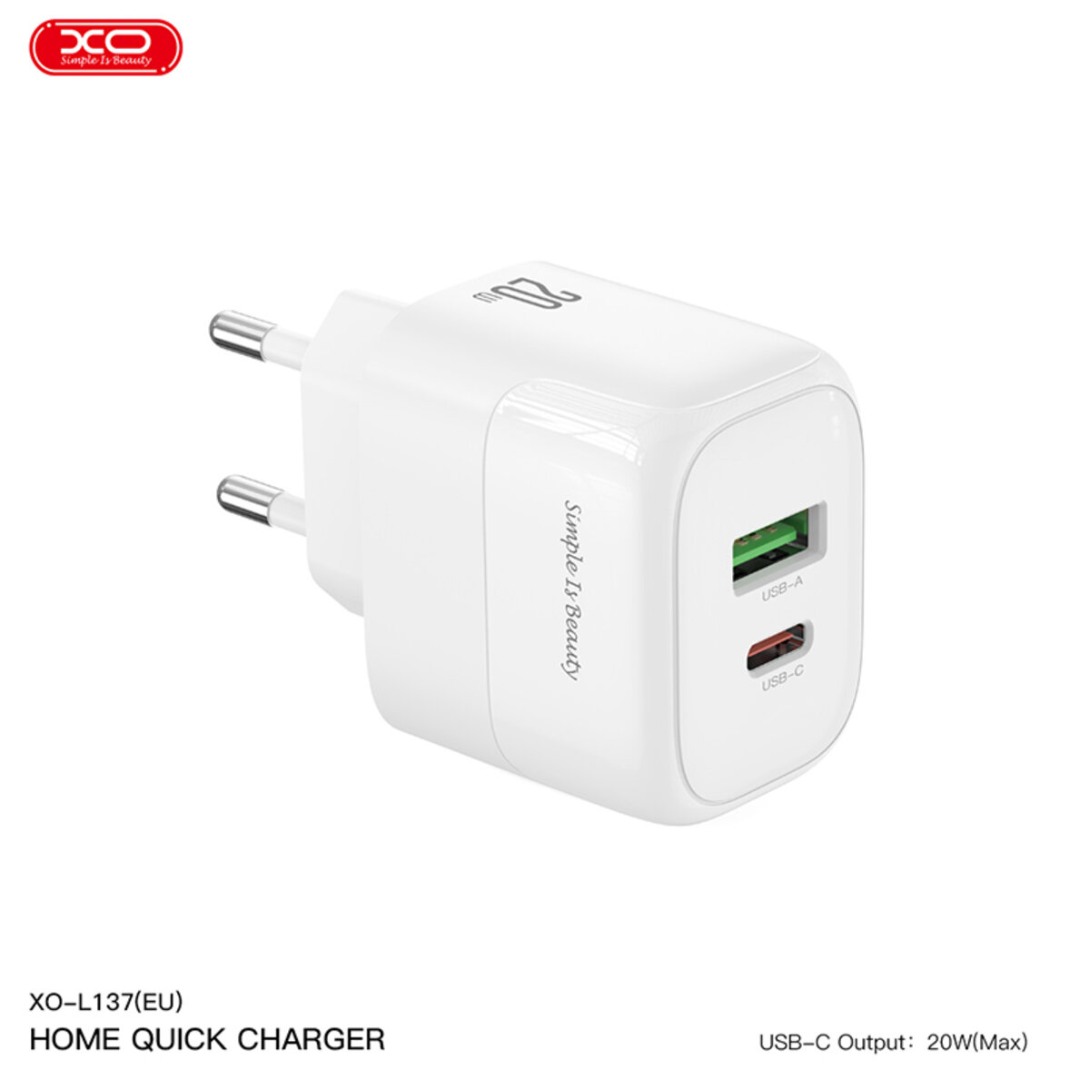Мережевий зарядний пристрій XO L137 PD20W/QC18W 1USB-A+1USB-C + Lightning кабель білий (XO-L137+L) дивитися фото №2