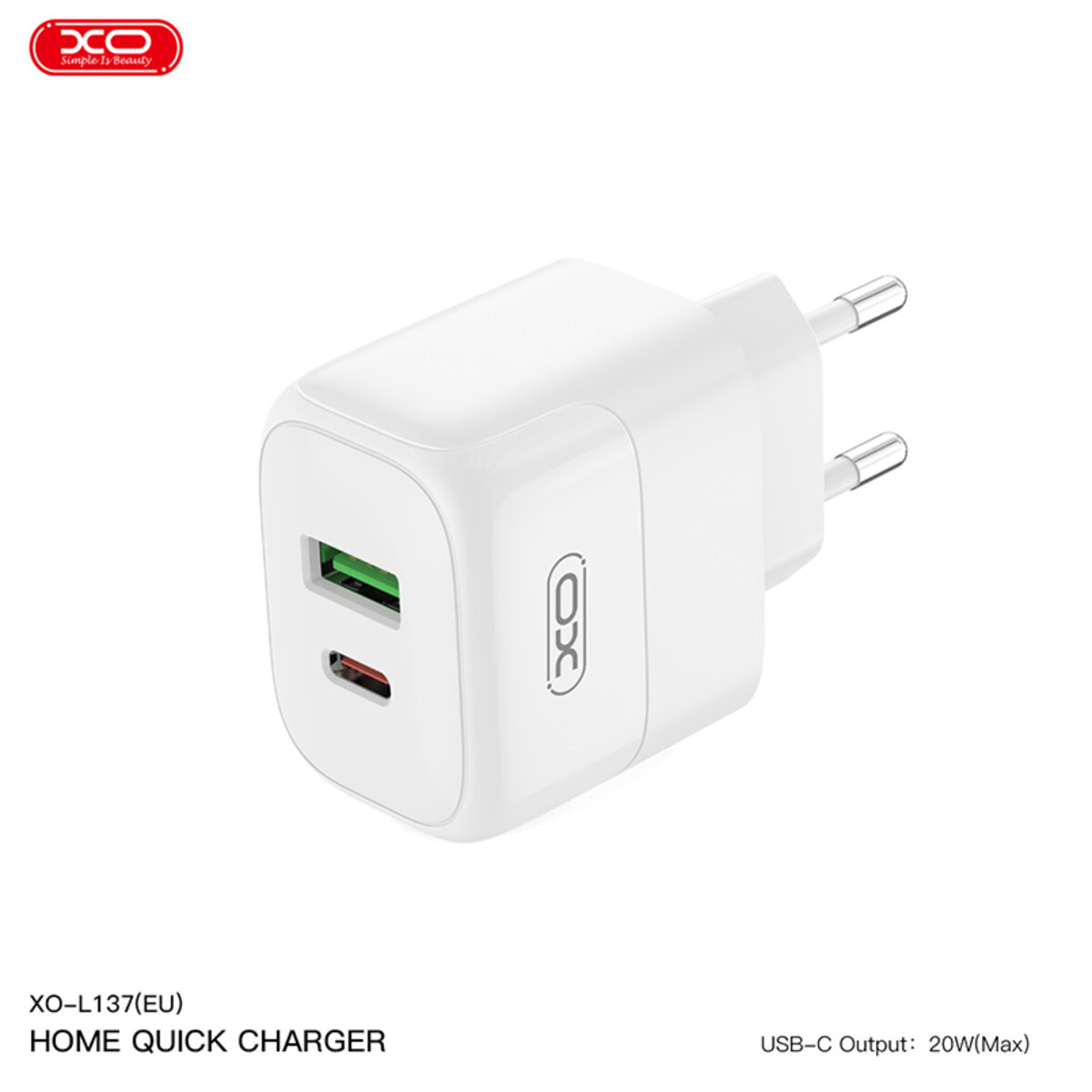 Мережевий зарядний пристрій XO L137 PD20W/QC18W 1USB-A+1USB-C + Lightning кабель білий (XO-L137+L) дивитися фото №3